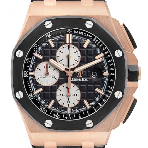 The image shows a front view of the Audemars Piguet Royal Oak Offshore 26401RO Men's Rose Gold Black Dial watch, highlighting the face, subdials, and bezel.