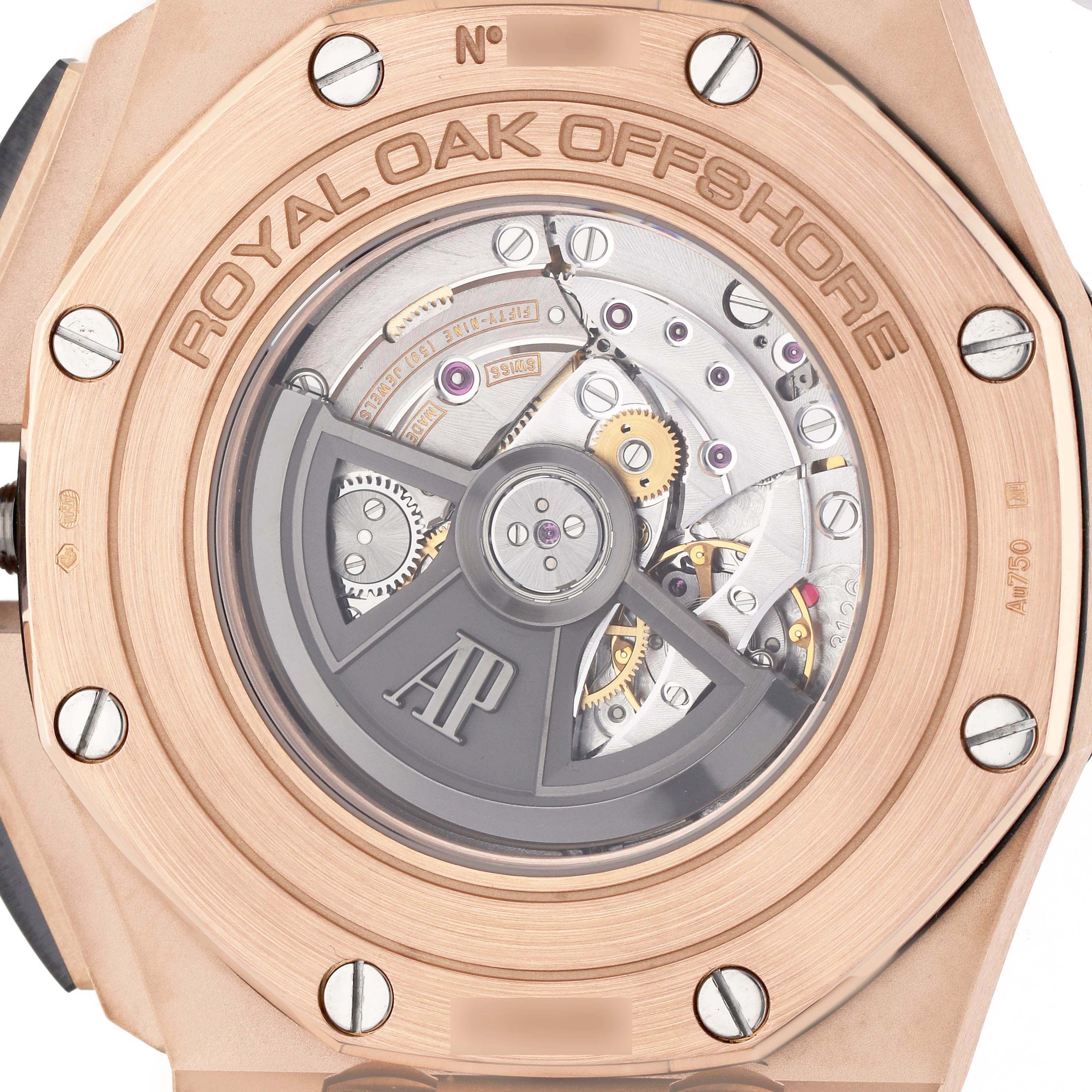 The image shows the back of an Audemars Piguet Royal Oak Offshore 26401RO Men's Rose Gold Black Dial, highlighting its exposed automatic movement and rotor.