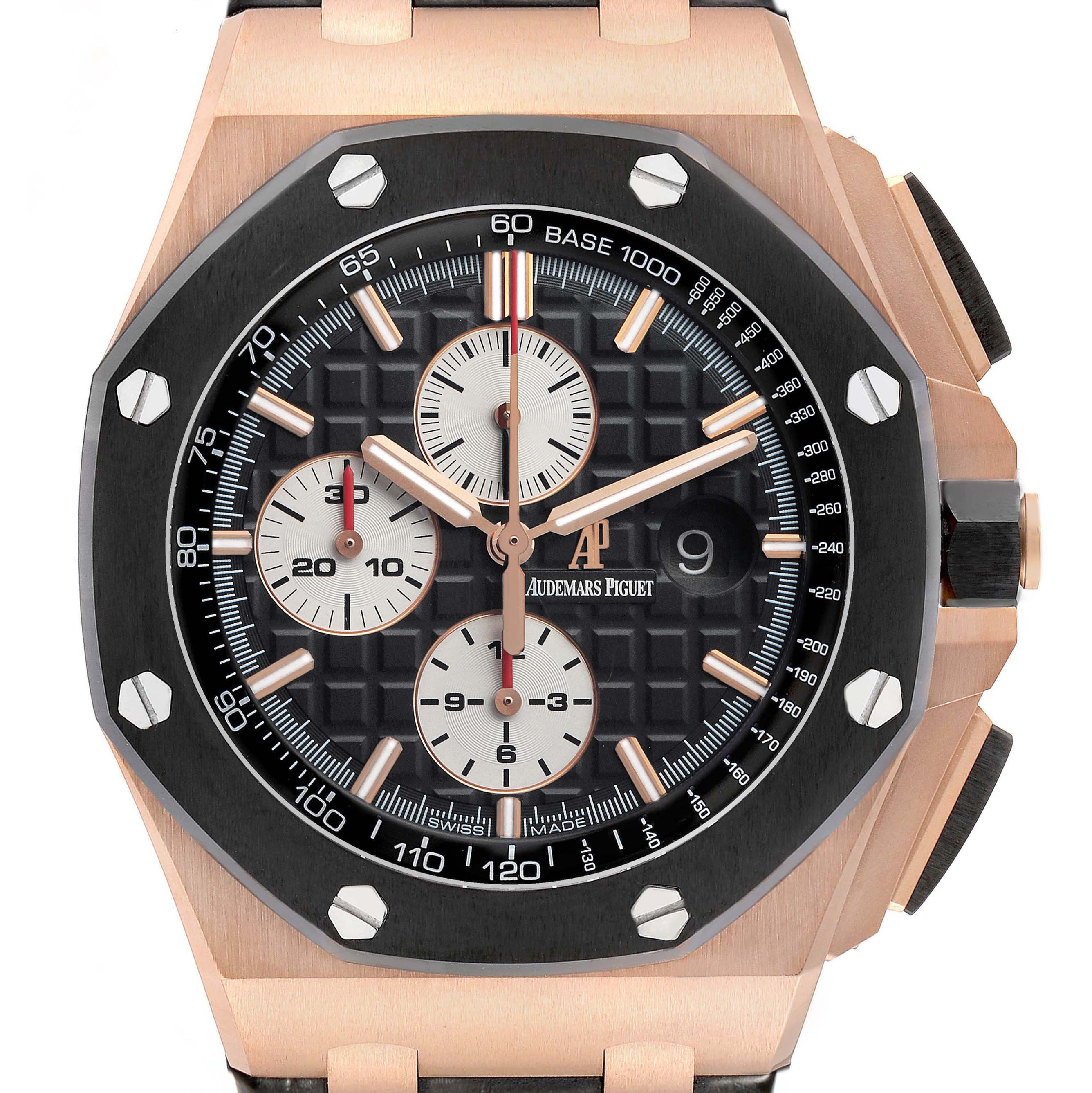 The Audemars Piguet Royal Oak Offshore 26401RO Men's Rose Gold Black Dial watch is shown from the front, highlighting the dial, subdials, and bezel.