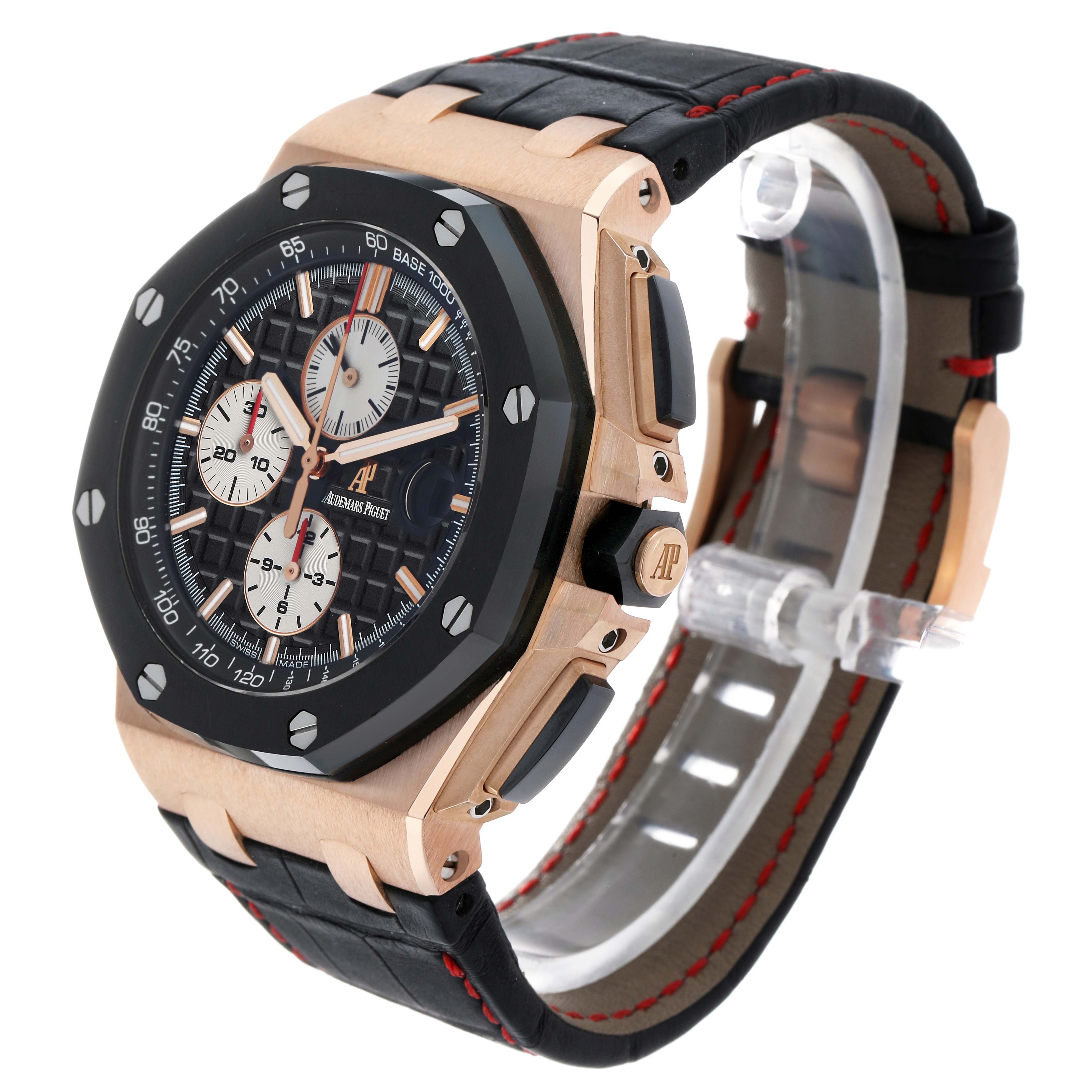 The Royal Oak Offshore by Audemars Piguet is shown at an angle displaying the face, bezel, case, and strap with stitching detail.