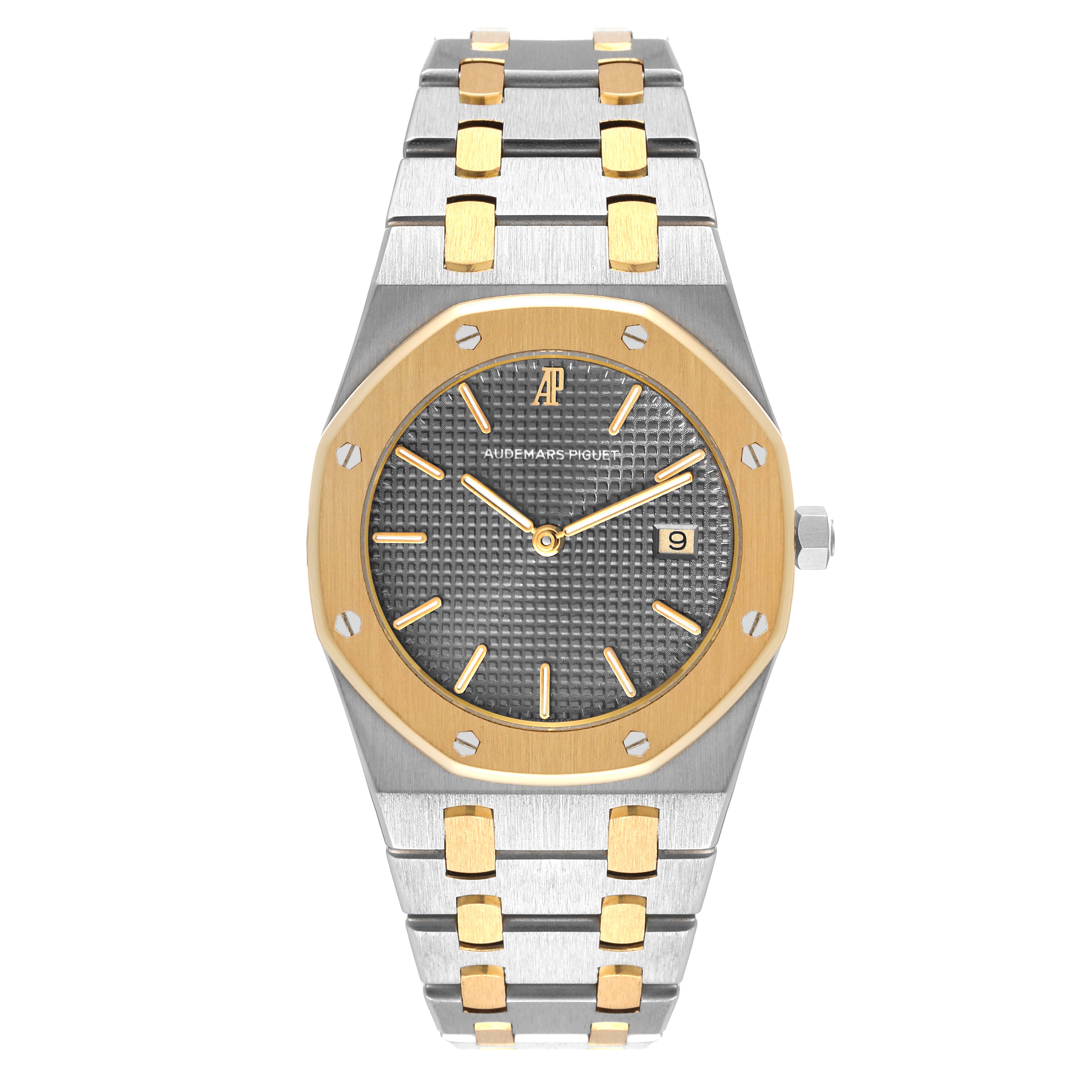 This image shows a front view of an Audemars Piguet Royal Oak 56175SA.OO.0789SA.01 Men's Steel and Gold (two tone) Grey Dial 56175SA.OO.0789SA.01 Men's Steel and Gold (two tone) Grey Dial watch, highlighting the dial, bezel, and bracelet.