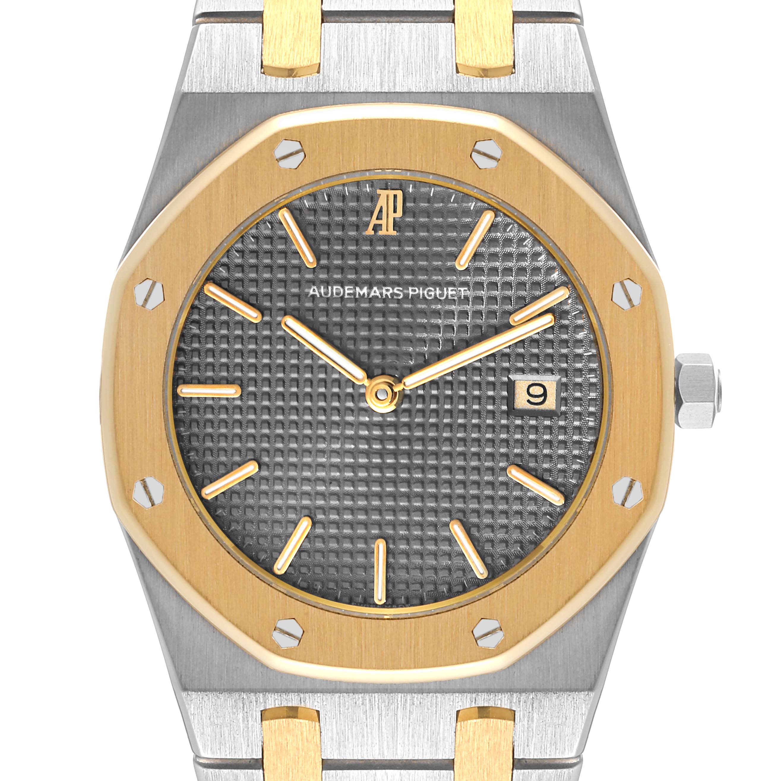 This image shows a front view of an Audemars Piguet Royal Oak 56175SA.OO.0789SA.01 Men's Steel and Gold (two tone) Grey Dial 56175SA.OO.0789SA.01 Men's Steel and Gold (two tone) Grey Dial watch, featuring its distinctive octagonal bezel, gray patterned dial, and integrated bracelet.