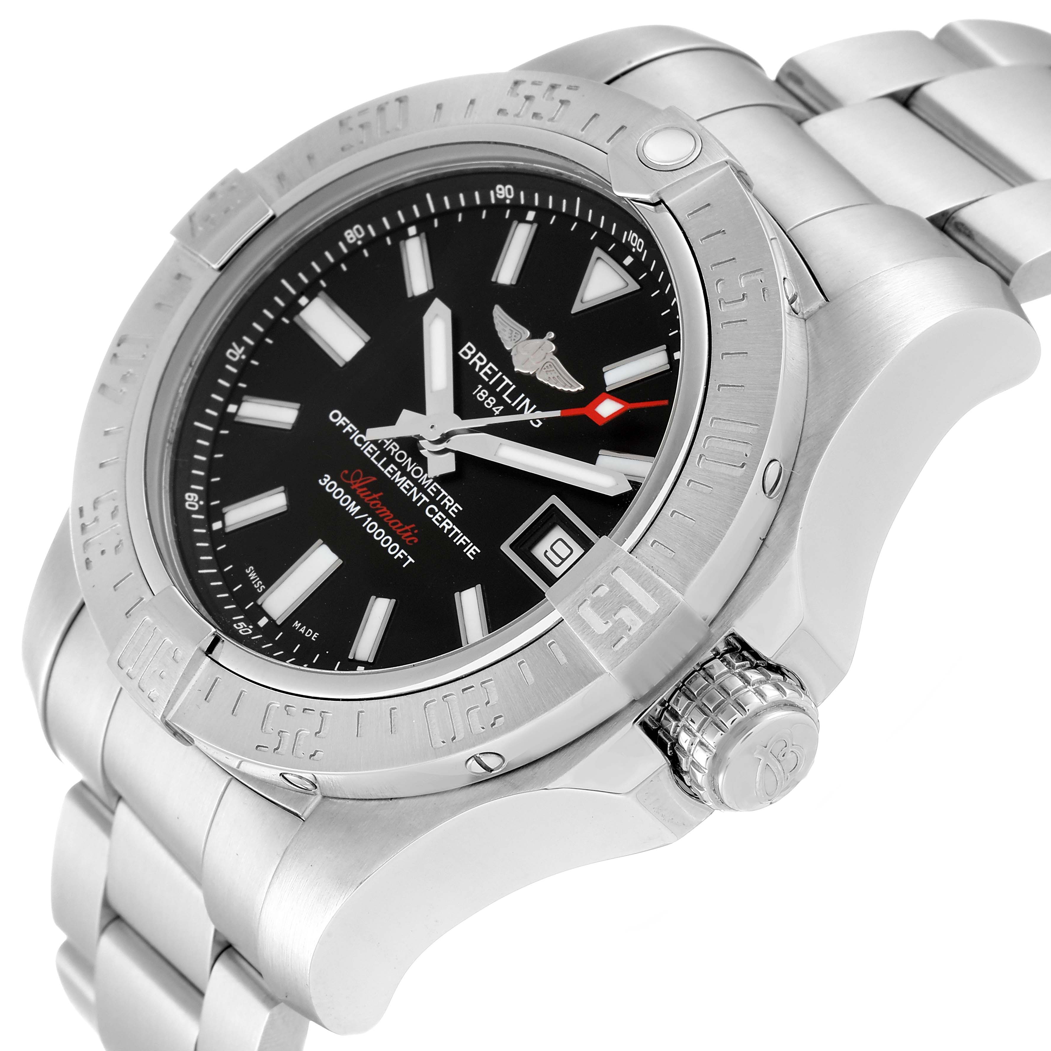 The image shows a Breitling Avenger A17331 Men's Stainless Steel Black Dial A17331 Men's Stainless Steel Black Dial watch at a slight angle, highlighting the black dial, bezel, and part of the metal bracelet.