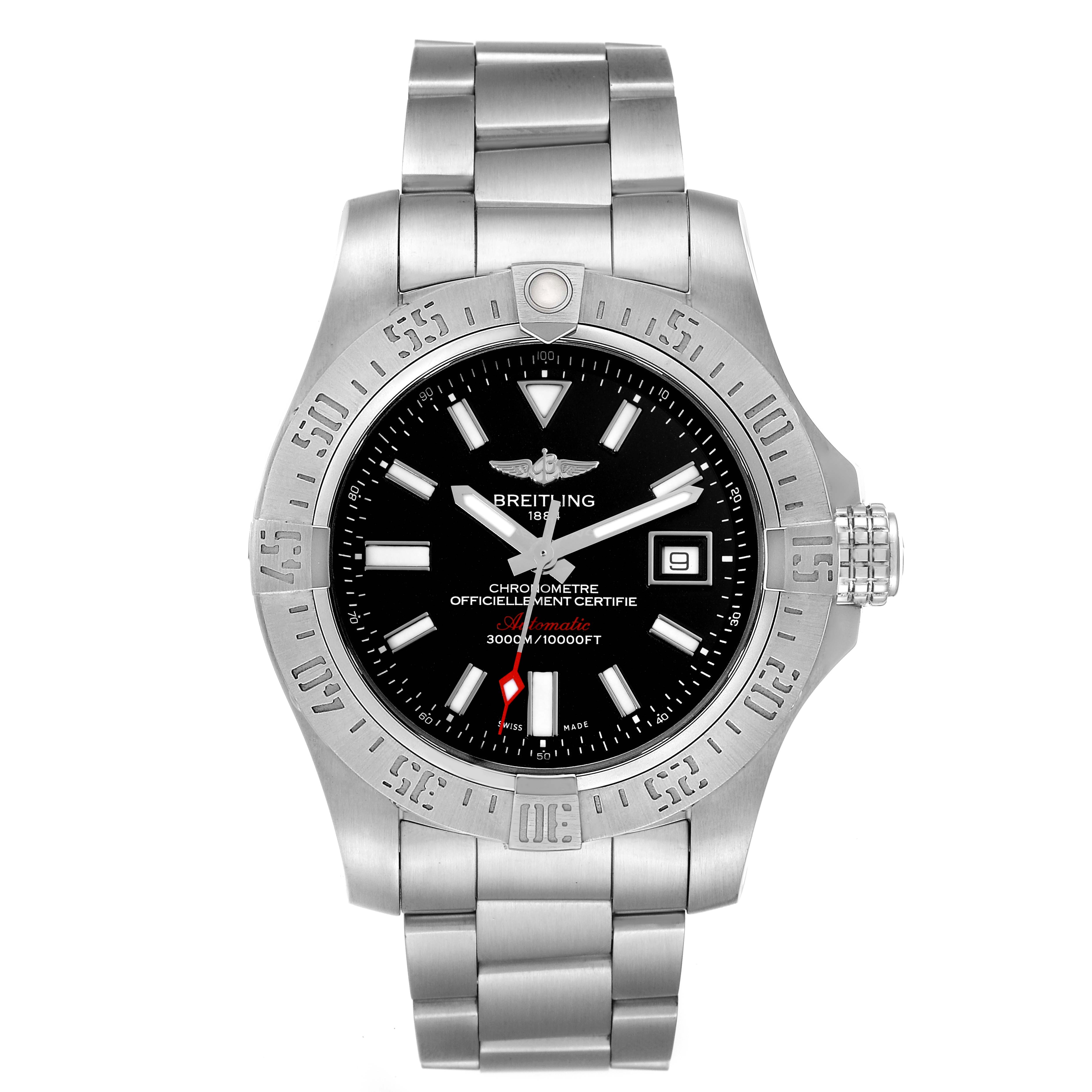 The image shows a frontal view of the Breitling Avenger A17331 Men's Stainless Steel Black Dial A17331 Men's Stainless Steel Black Dial watch, displaying its dial, bezel, crown, and stainless steel bracelet.