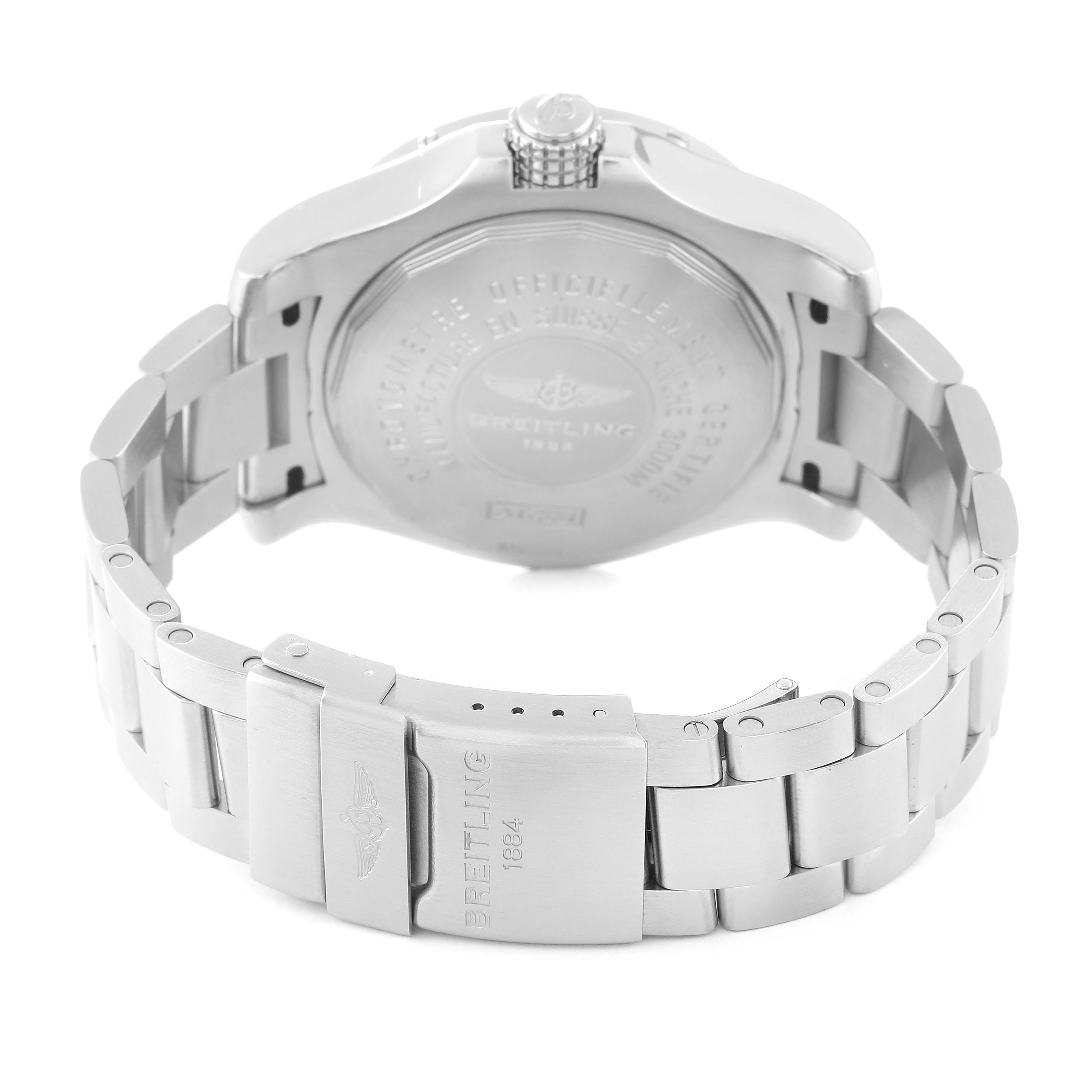 The image shows the back and bracelet clasp of a Breitling Avenger A17331 Men's Stainless Steel Black Dial A17331 Men's Stainless Steel Black Dial watch.