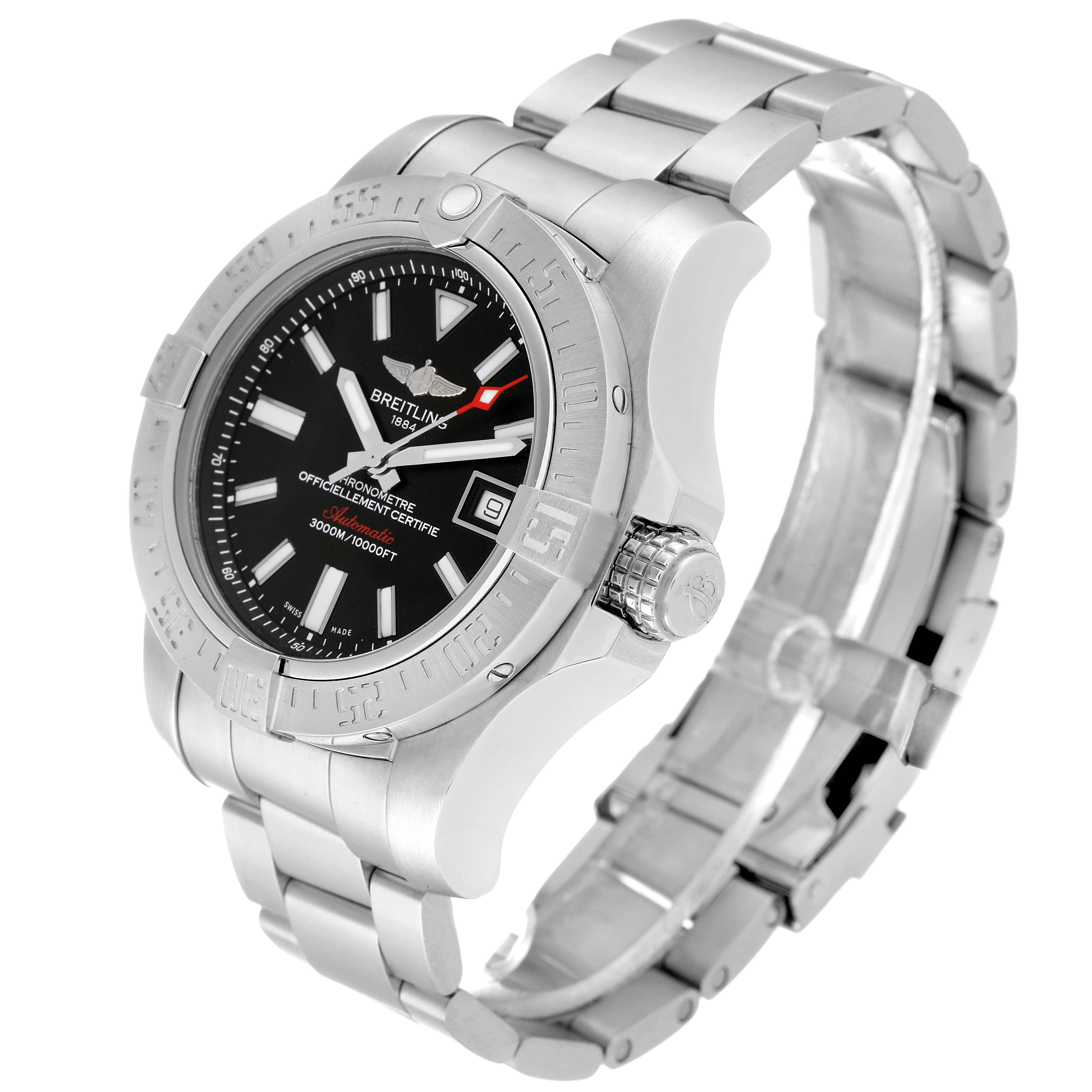 This image shows a side angle of the Breitling Avenger A17331 Men's Stainless Steel Black Dial A17331 Men's Stainless Steel Black Dial watch, highlighting the dial, bezel, crown, and bracelet.