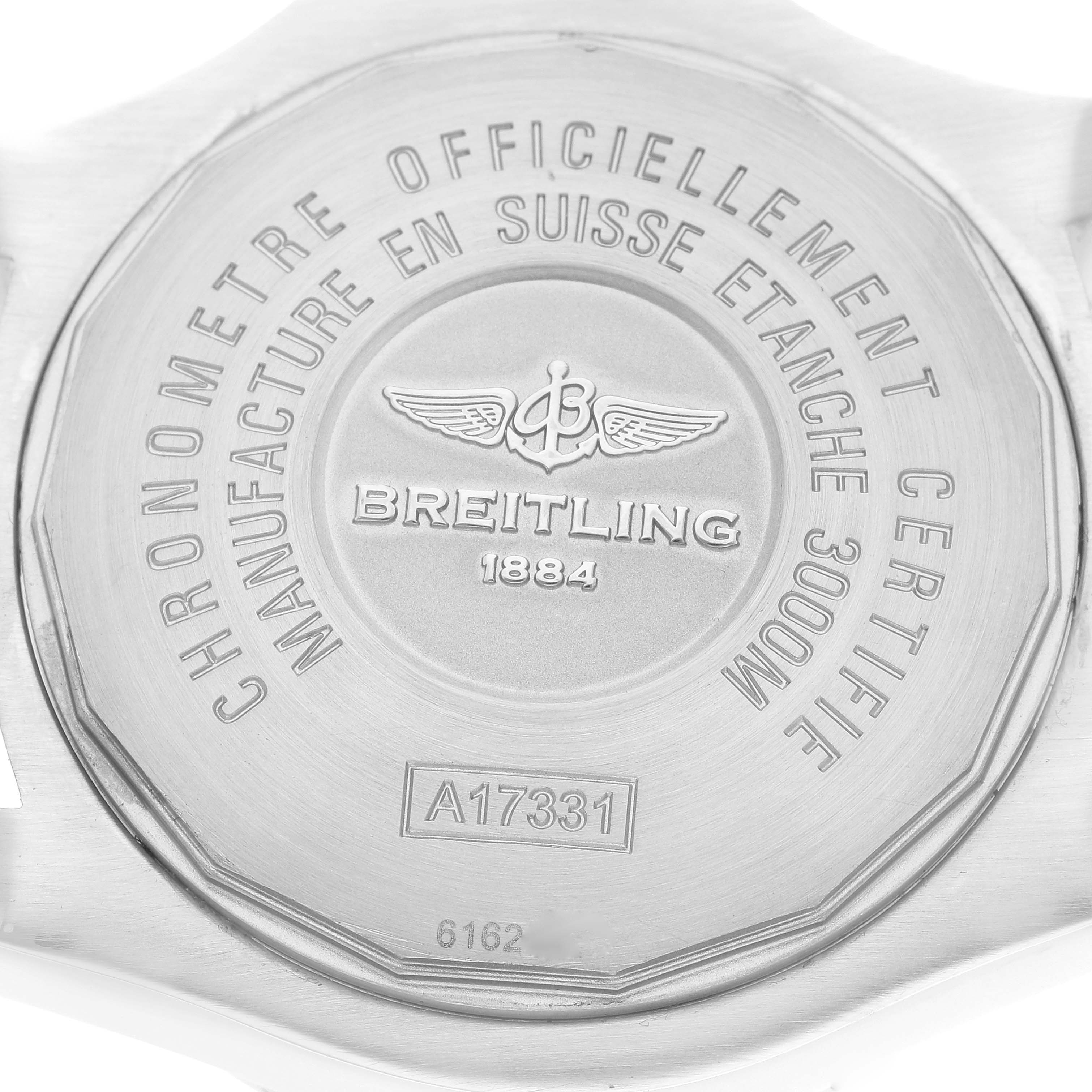 The image shows the back case of a Breitling Avenger A17331 Men's Stainless Steel Black Dial A17331 Men's Stainless Steel Black Dial watch, featuring engravings and brand markings.