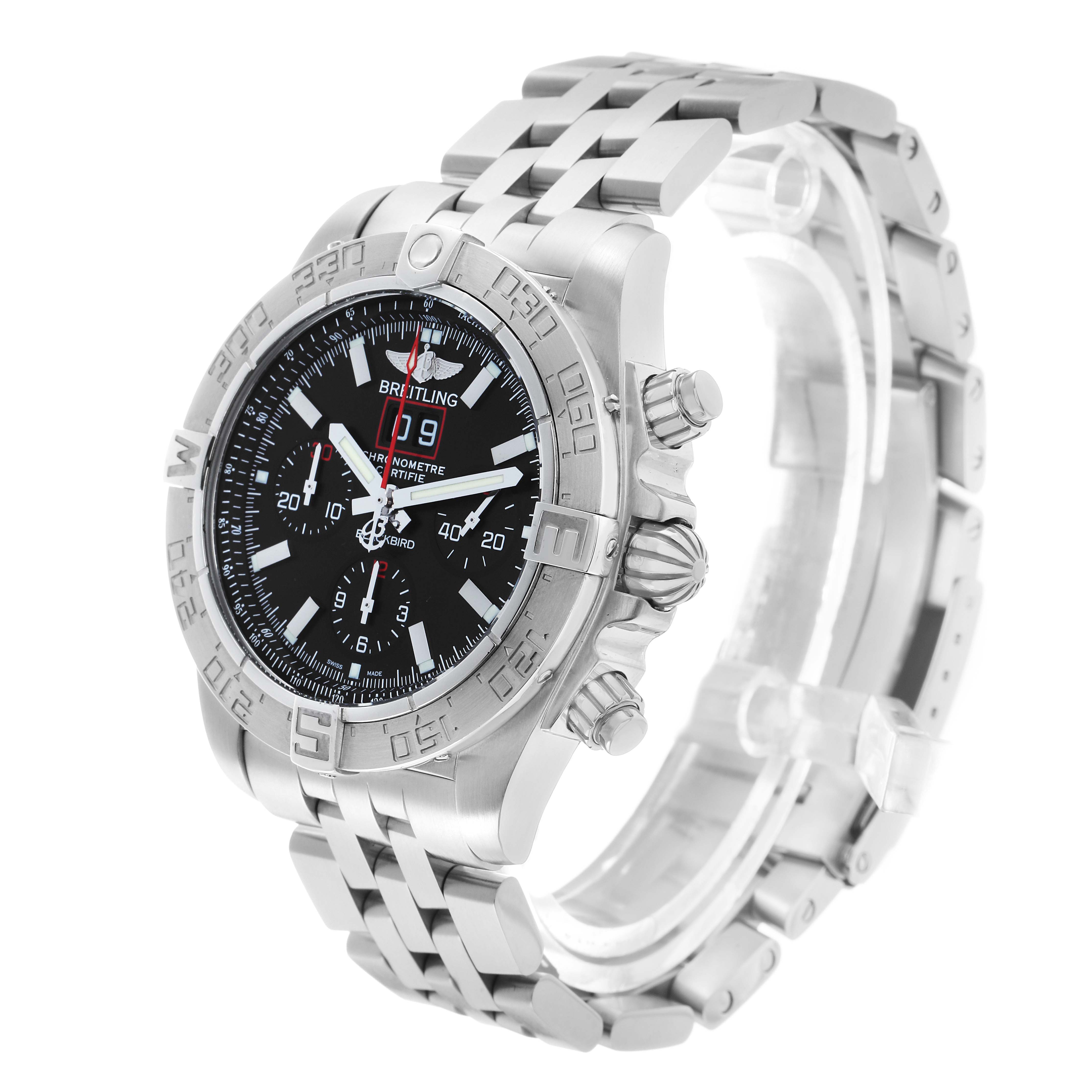 The Breitling Chronomat A44360 Men's Stainless Steel Black Dial watch is shown at a three-quarter angle, highlighting the bezel, face, chronograph buttons, and bracelet.