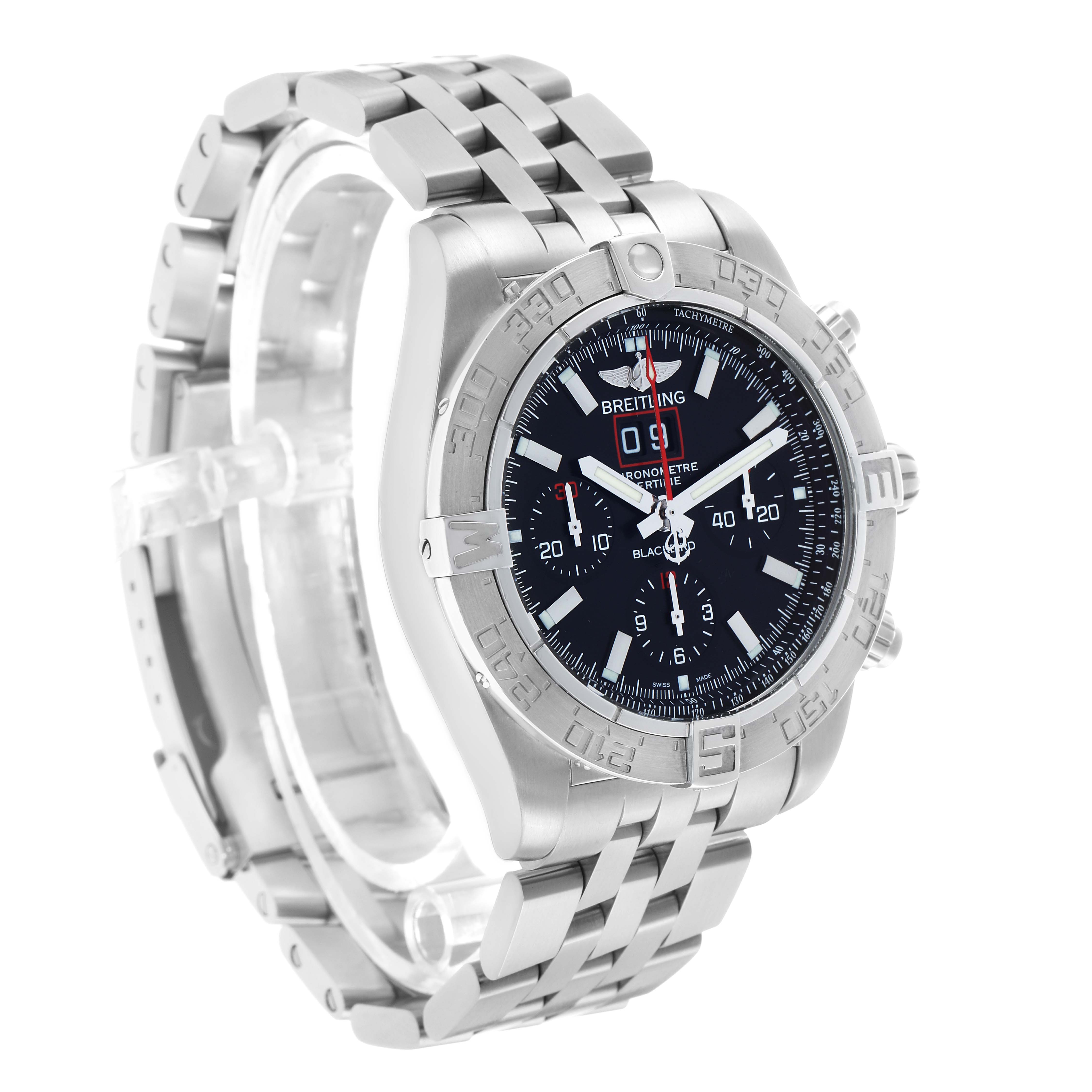 The Breitling Chronomat A44360 Men's Stainless Steel Black Dial watch is shown from a three-quarter angle displaying the bezel, dial, and bracelet.