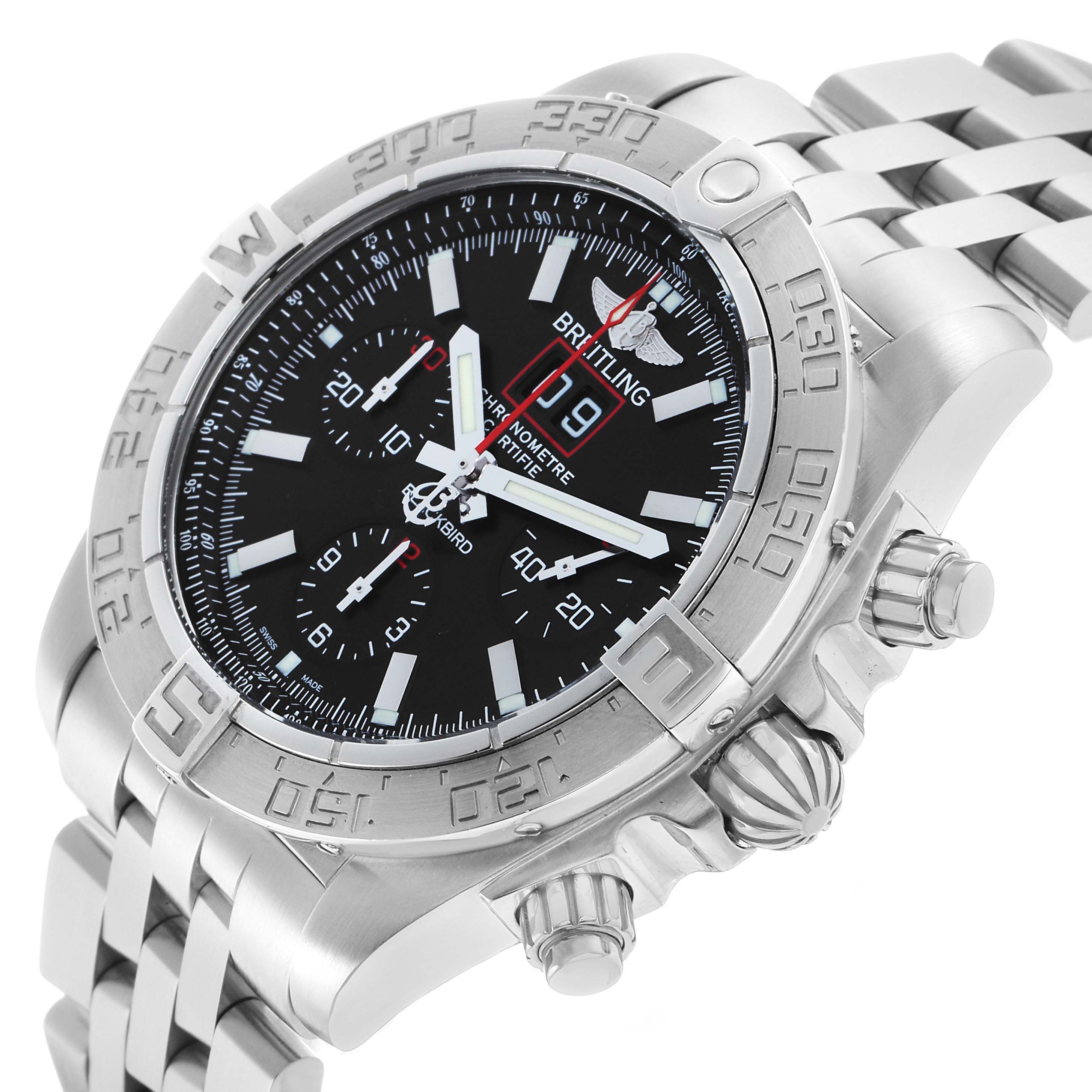 The Breitling Chronomat A44360 Men's Stainless Steel Black Dial watch is shown from an angled view highlighting the dial, bezel, pushers, and bracelet.
