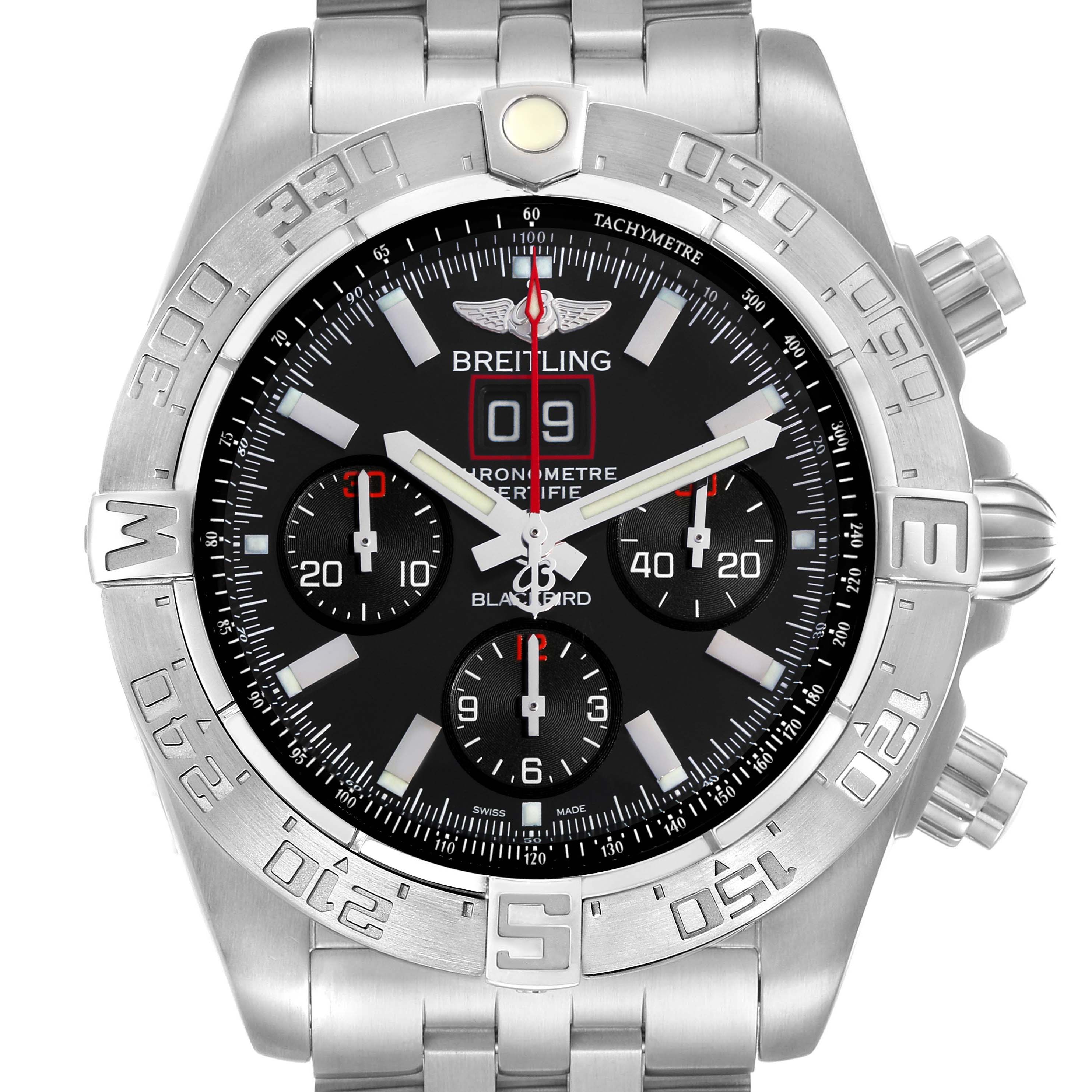 The Breitling Chronomat A44360 Men's Stainless Steel Black Dial watch is shown from the front, highlighting its bezel, sub-dials, and metal bracelet.
