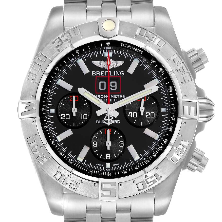 The Breitling Chronomat A44360 Men's Stainless Steel Black Dial watch is shown from the front, highlighting its bezel, sub-dials, and metal bracelet.