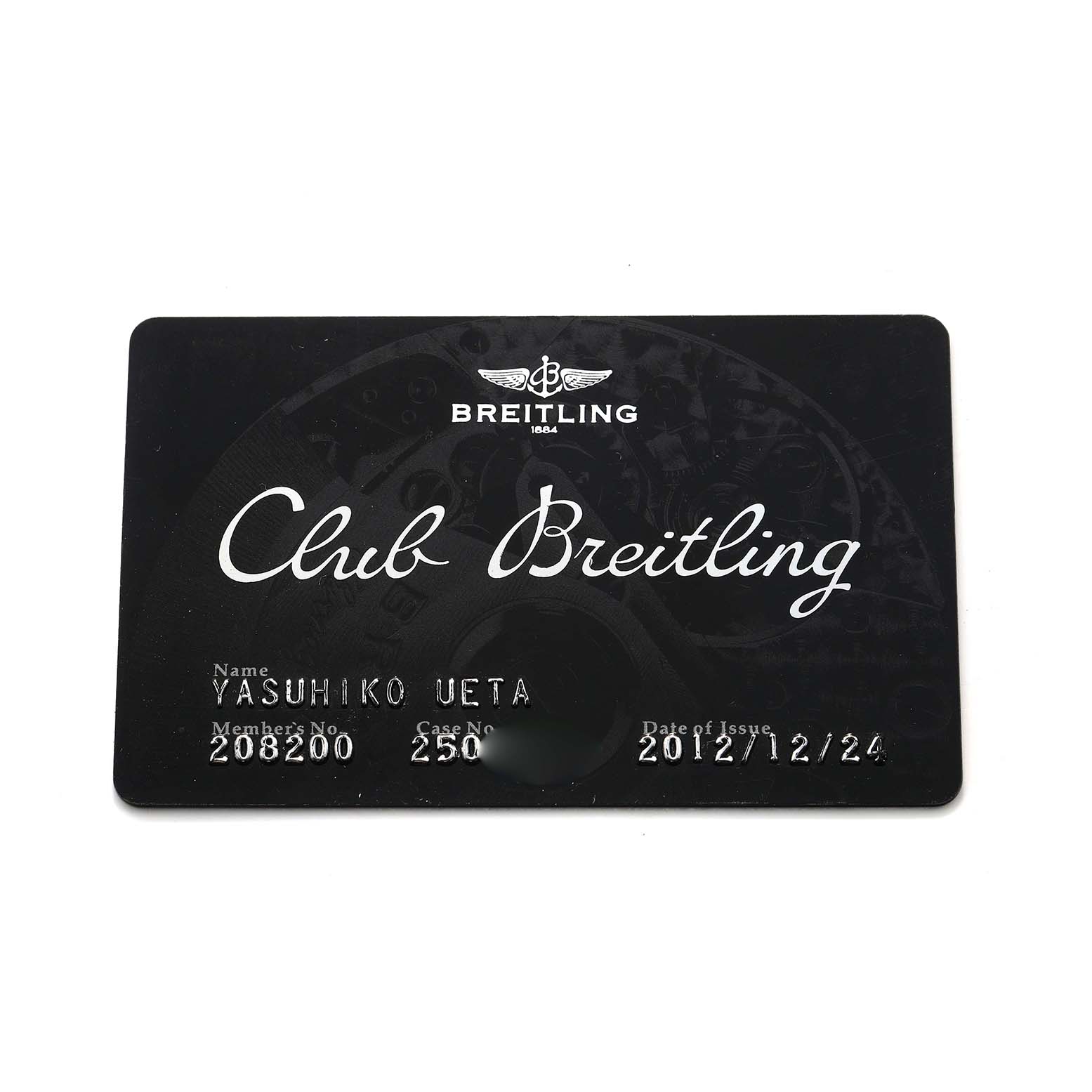 The image shows a Club Breitling membership card related to the Breitling Chronomat A44360 Men's Stainless Steel Black Dial model.