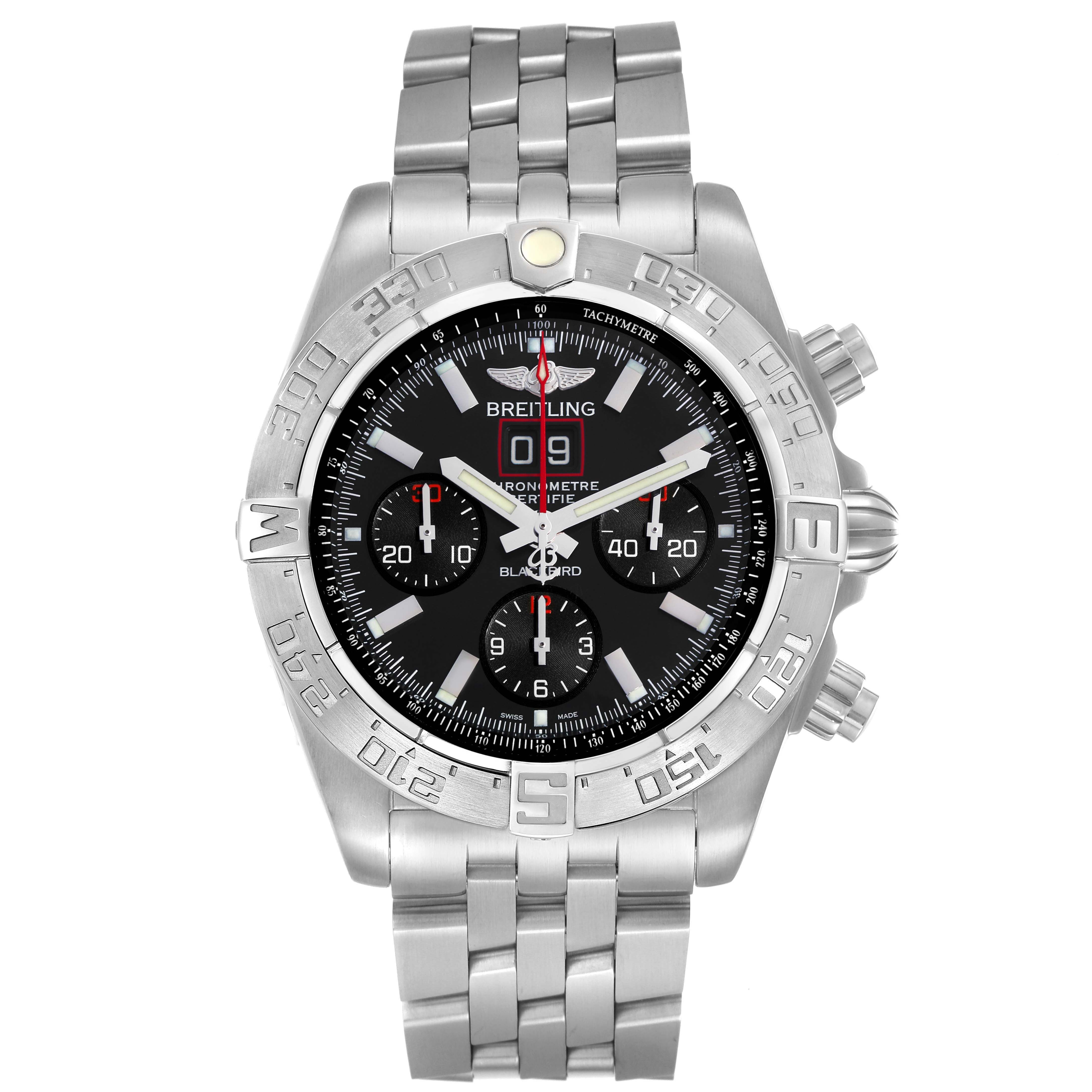 The image shows a front view of the Breitling Chronomat A44360 Men's Stainless Steel Black Dial watch, highlighting its dial, bezel, bracelet, and crown.
