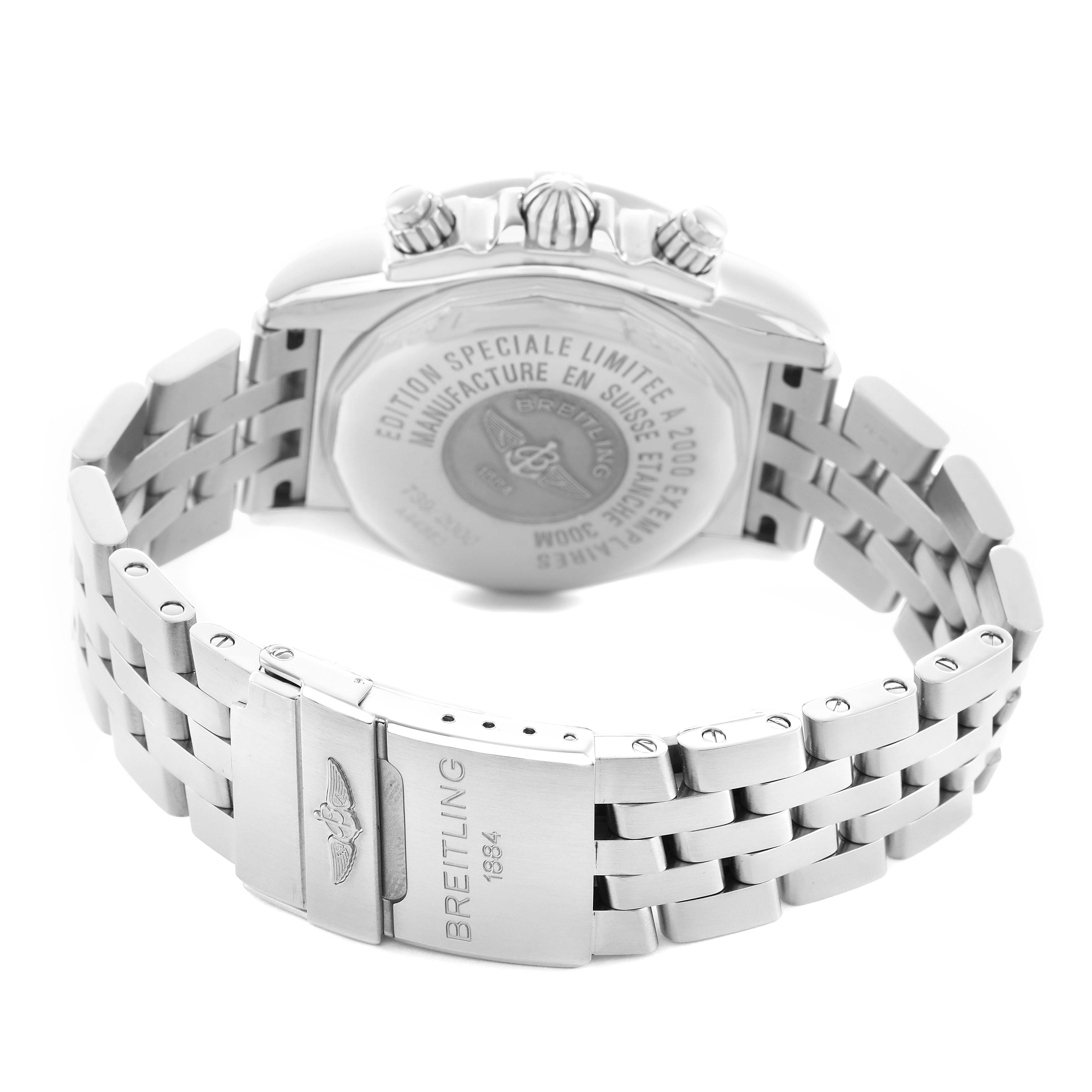 The image shows the Breitling Chronomat A44360 Men's Stainless Steel Black Dial from a rear angle, highlighting the case back, crown, pushers, and bracelet clasp.