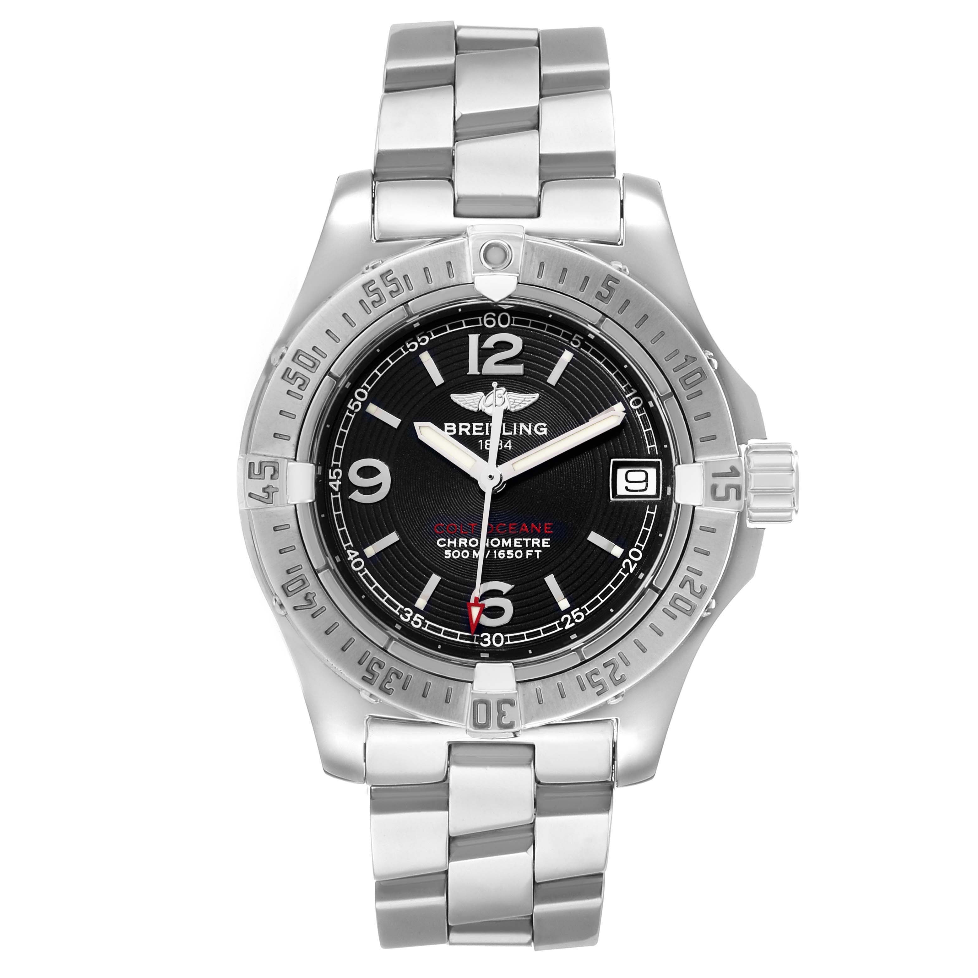 The Breitling A77380 Women's Stainless Steel Black Dial Colt Oceane 33 Stainless Steel Ladies Watch A77380 is shown from a front angle, displaying the face, bracelet, and bezel.