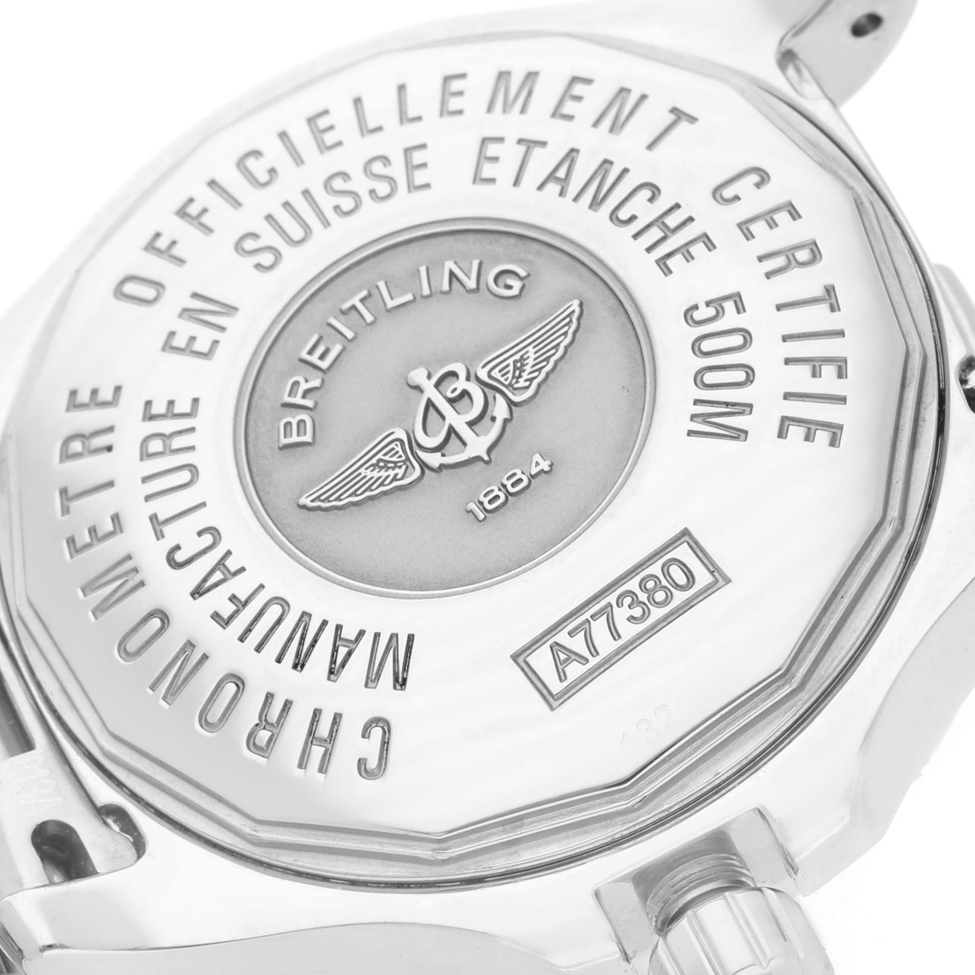 The image shows the back of the Breitling A77380 Women's Stainless Steel Black Dial Colt Oceane 33 A77380 watch, highlighting its engravings and the model number.