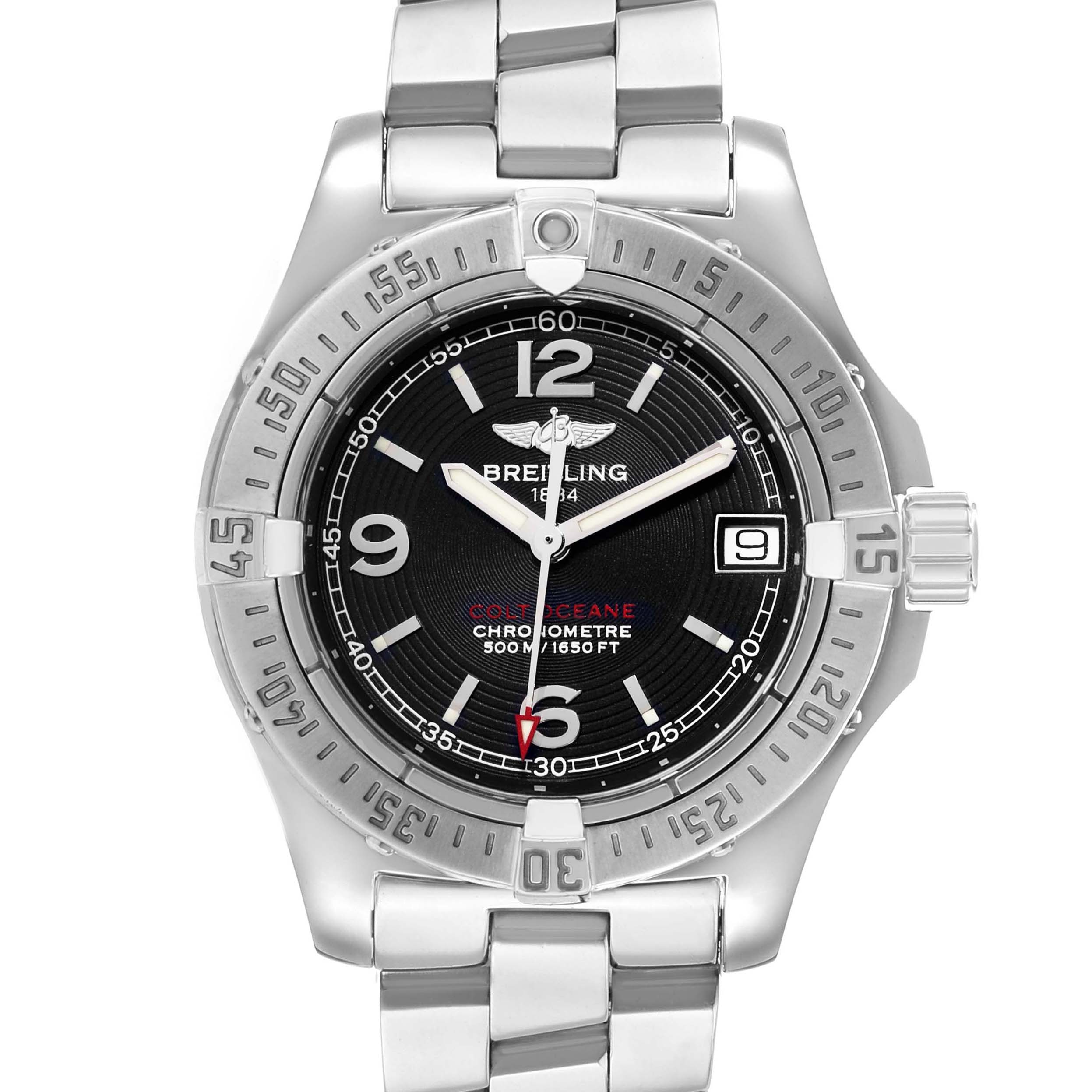 The Breitling A77380 Women's Stainless Steel Black Dial Colt Oceane 33 A77380 watch is shown from a front angle, displaying the dial, bezel, and bracelet.