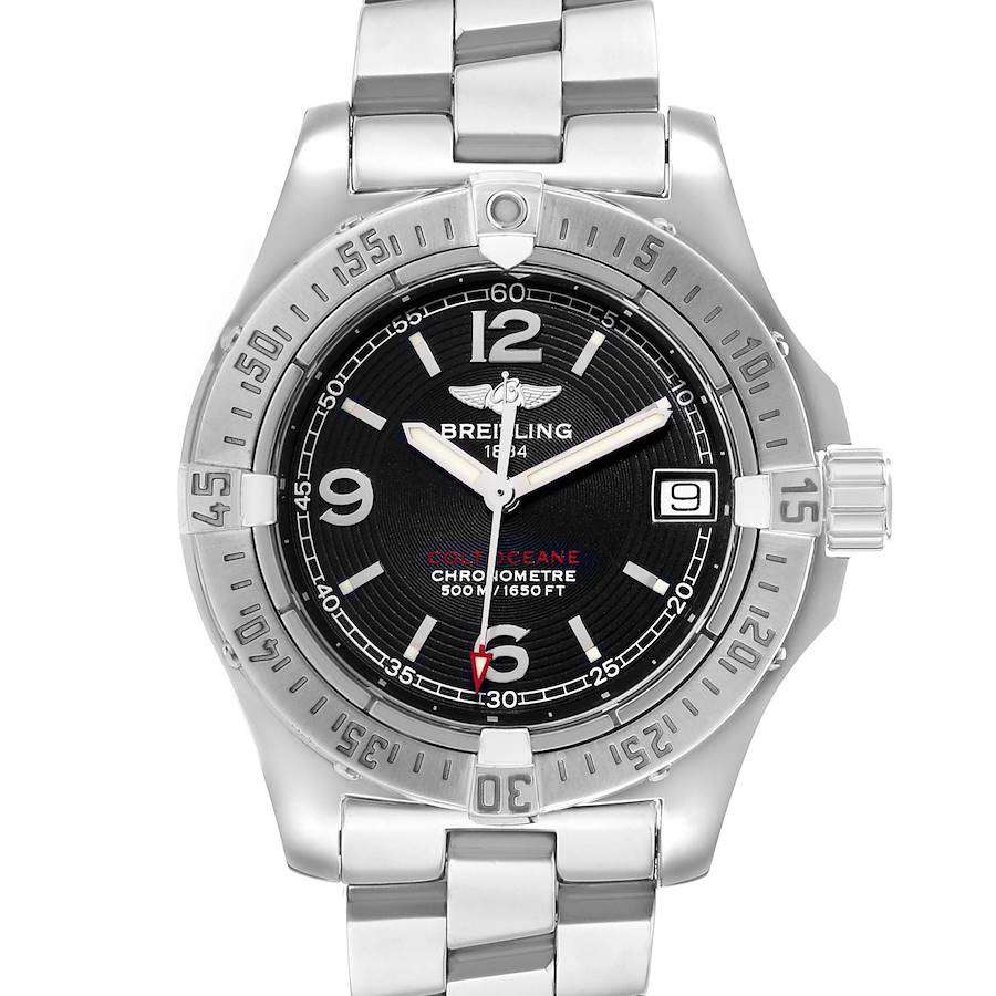 The Breitling A77380 Women's Stainless Steel Black Dial Colt Oceane 33 A77380 watch is shown from a front angle, displaying the dial, bezel, and bracelet.