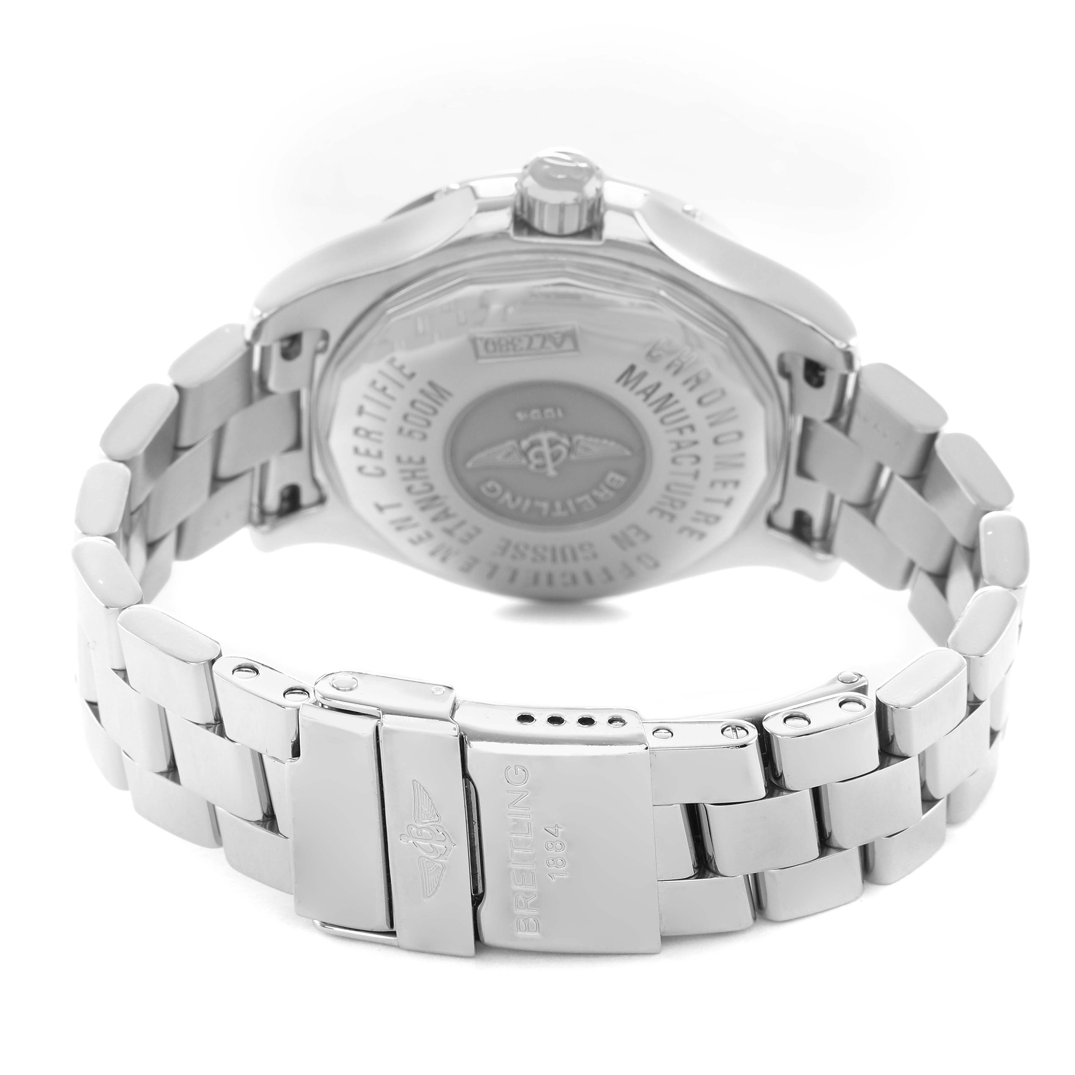 The image shows the back and clasp of the Breitling A77380 Women's Stainless Steel Black Dial Colt Oceane 33 Stainless Steel Ladies Watch A77380.