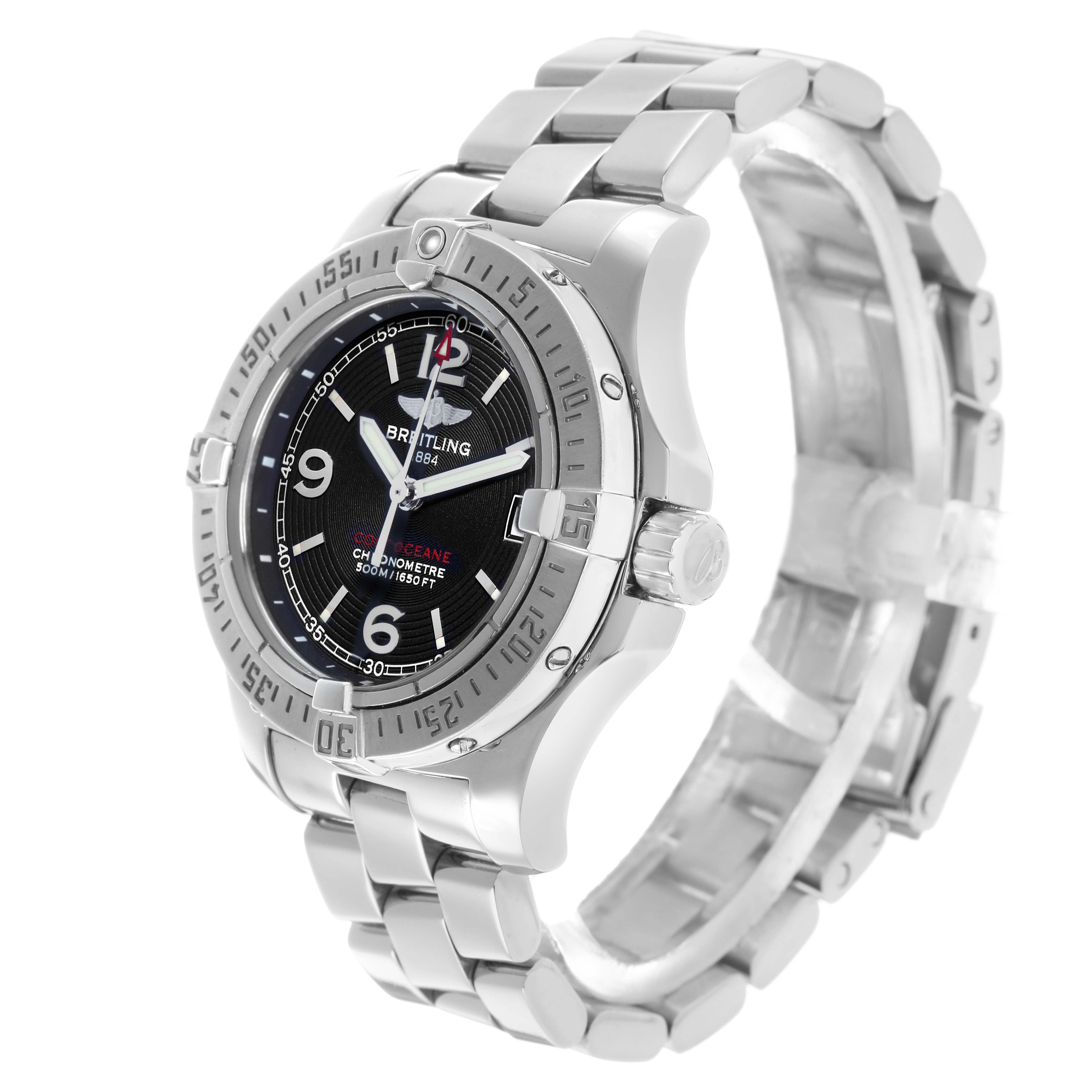 The Breitling A77380 Women's Stainless Steel Black Dial Colt Oceane 33 Stainless Steel Ladies Watch A77380 is shown at a side angle, highlighting the bezel, face, crown, and bracelet.