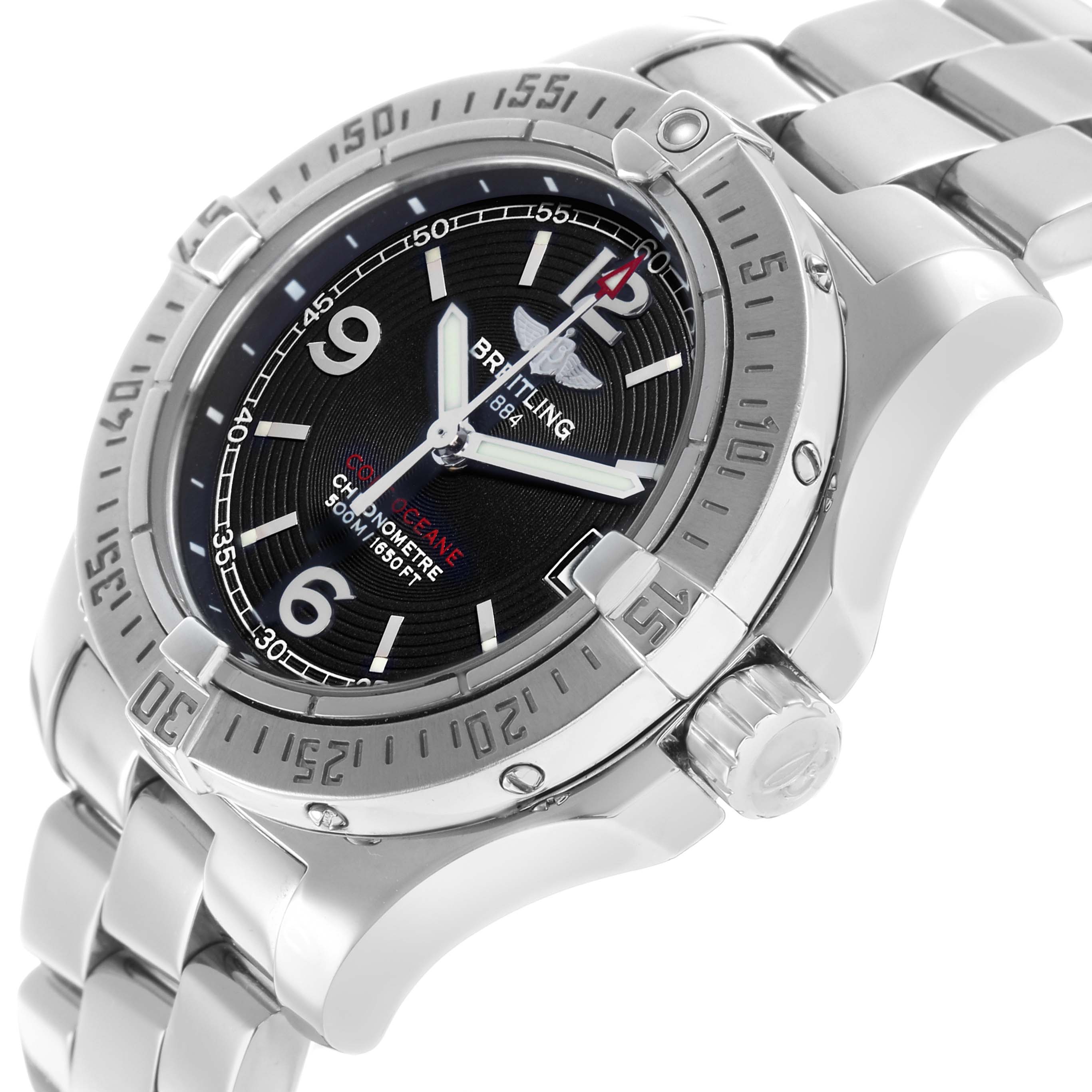 The Breitling A77380 Women's Stainless Steel Black Dial Colt Oceane 33 A77380 is shown at a tilted angle, highlighting the bezel, crown, and stainless steel bracelet.