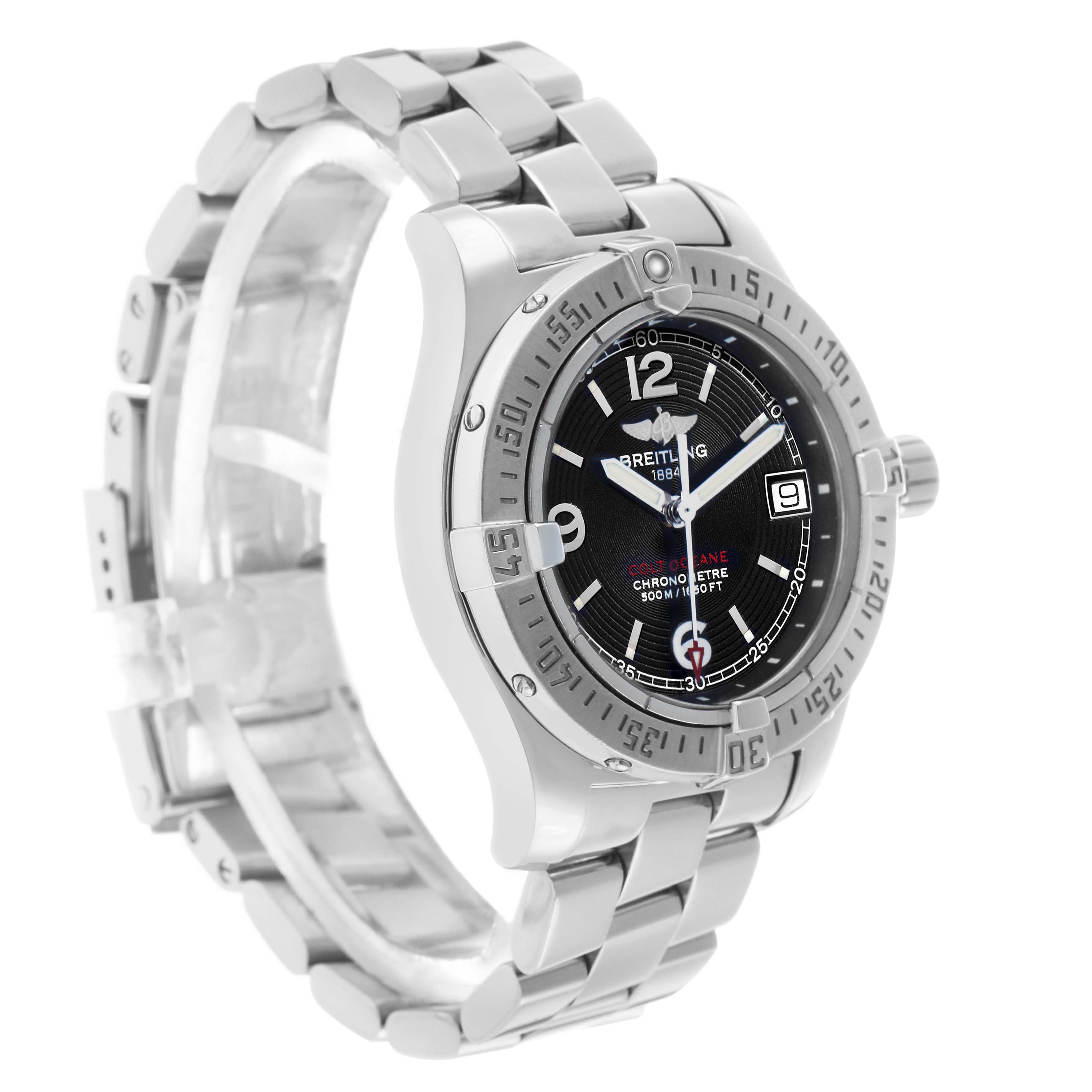The Breitling A77380 Women's Stainless Steel Black Dial Colt Oceane 33 Stainless Steel Ladies Watch A77380 is shown at a three-quarter angle, displaying the bracelet, bezel, and dial.