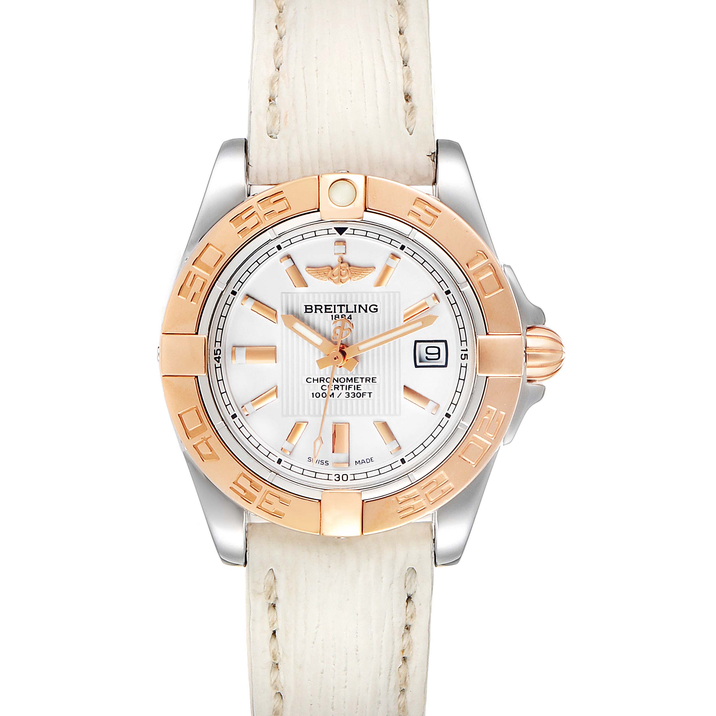 The Breitling C71356 Women's Steel and Gold (two tone) Silver Dial C71356 Women's Steel and Gold (two tone) Silver Dial Galactic 32 Steel Rose Gold White Strap Ladies Watch C71356 is shown in a front view with its face and strap visible.