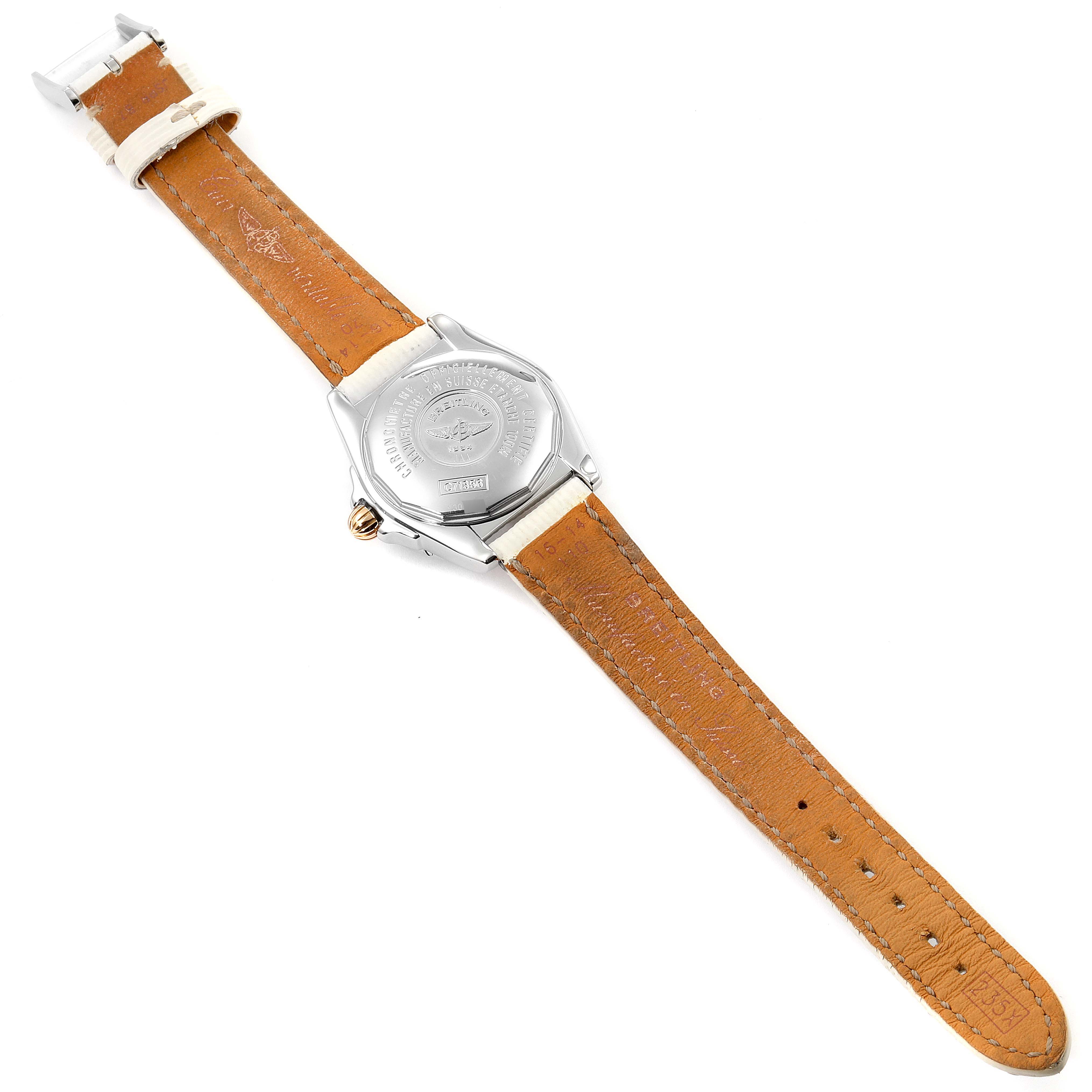 The image shows the back and strap of the Breitling C71356 Women's Steel and Gold (two tone) Silver Dial C71356 Women's Steel and Gold (two tone) Silver Dial Galactic 32 Steel Rose Gold White Strap Ladies Watch C71356 model.