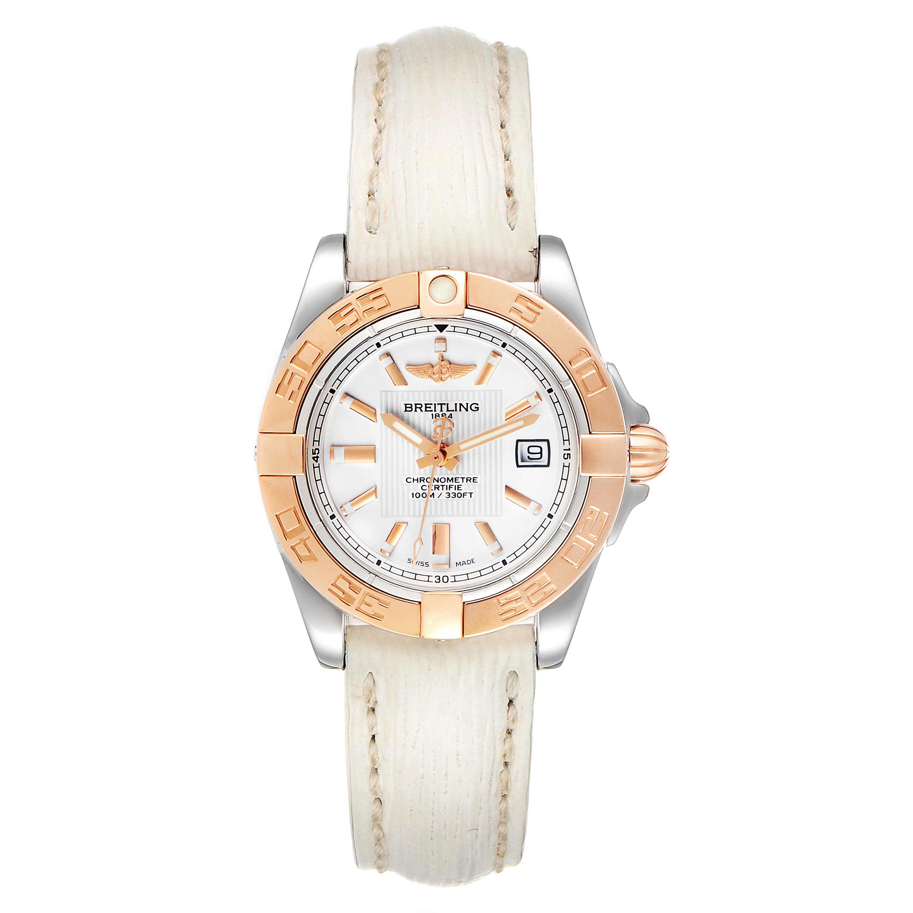 The image shows a front view of the Breitling C71356 Women's Steel and Gold (two tone) Silver Dial C71356 Women's Steel and Gold (two tone) Silver Dial Galactic 32 Steel Rose Gold White Strap Ladies Watch C71356 model.