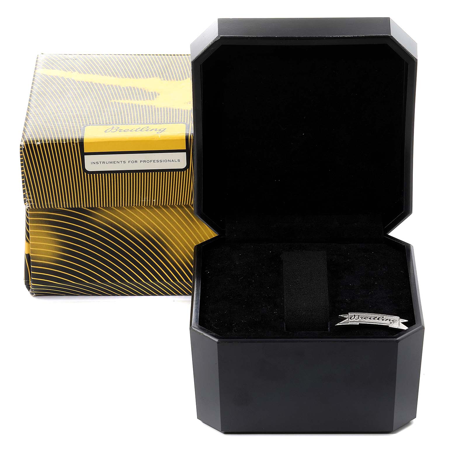 The image shows an open Breitling C71356 Women's Steel and Gold (two tone) Silver Dial C71356 Women's Steel and Gold (two tone) Silver Dial watch box and outer packaging for the Galactic 32 Steel Rose Gold White Strap Ladies Watch C71356.