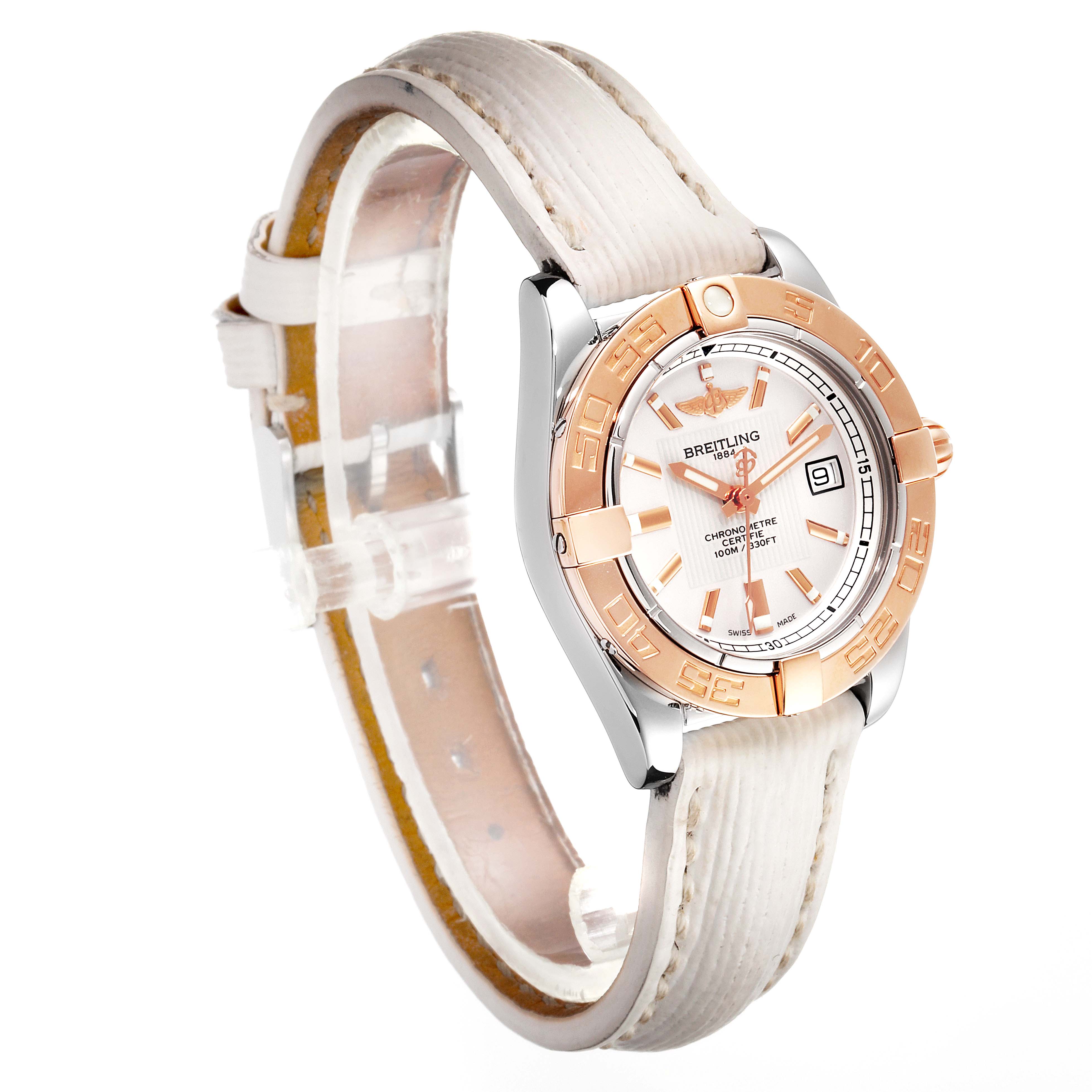 The Breitling C71356 Women's Steel and Gold (two tone) Silver Dial C71356 Women's Steel and Gold (two tone) Silver Dial Galactic 32 Steel Rose Gold White Strap Ladies Watch C71356 is shown at an angled side view, highlighting the dial, bezel, and strap.
