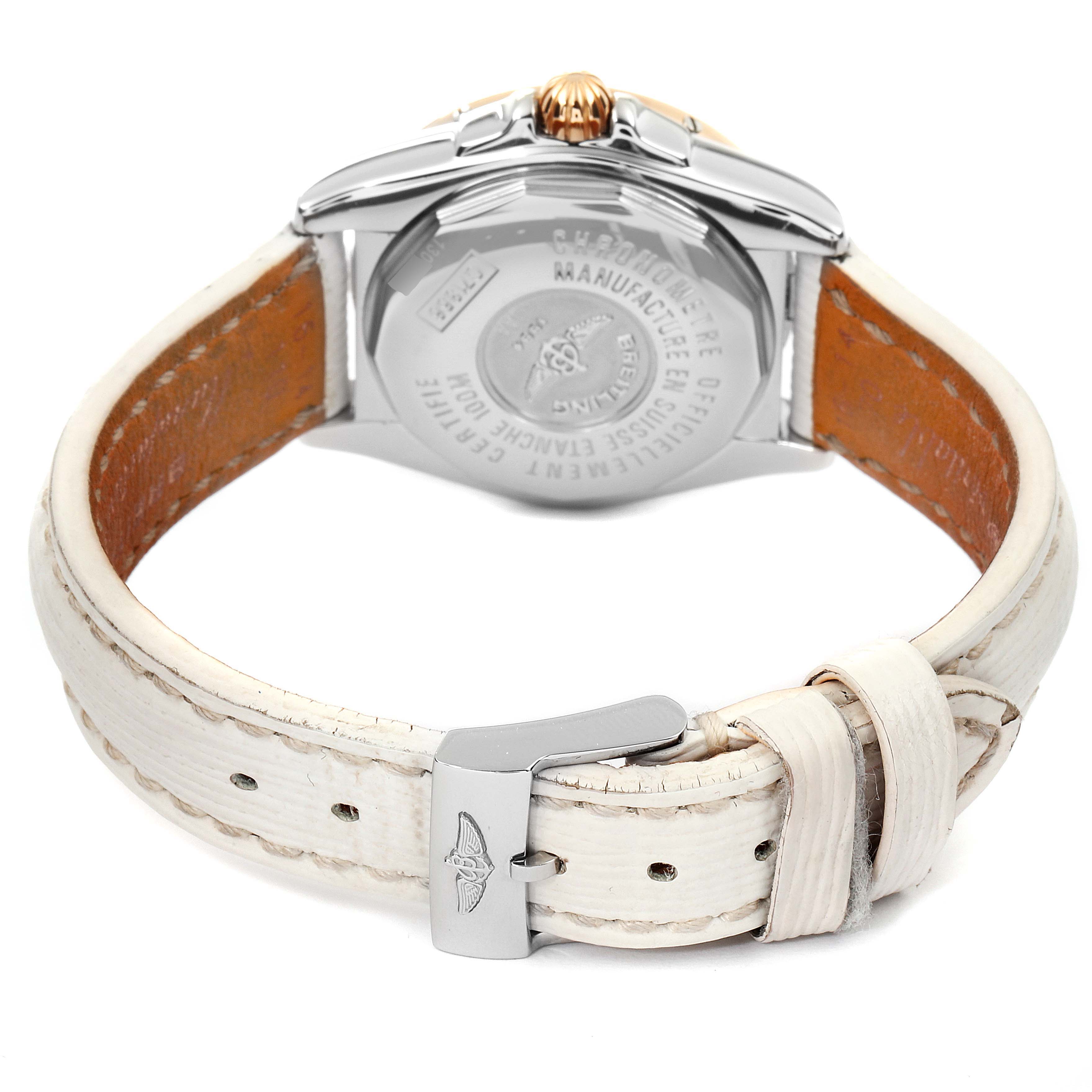 The image shows the back view of the Breitling C71356 Women's Steel and Gold (two tone) Silver Dial C71356 Women's Steel and Gold (two tone) Silver Dial Galactic 32 Steel Rose Gold White Strap Ladies Watch C71356 with the strap and buckle visible.
