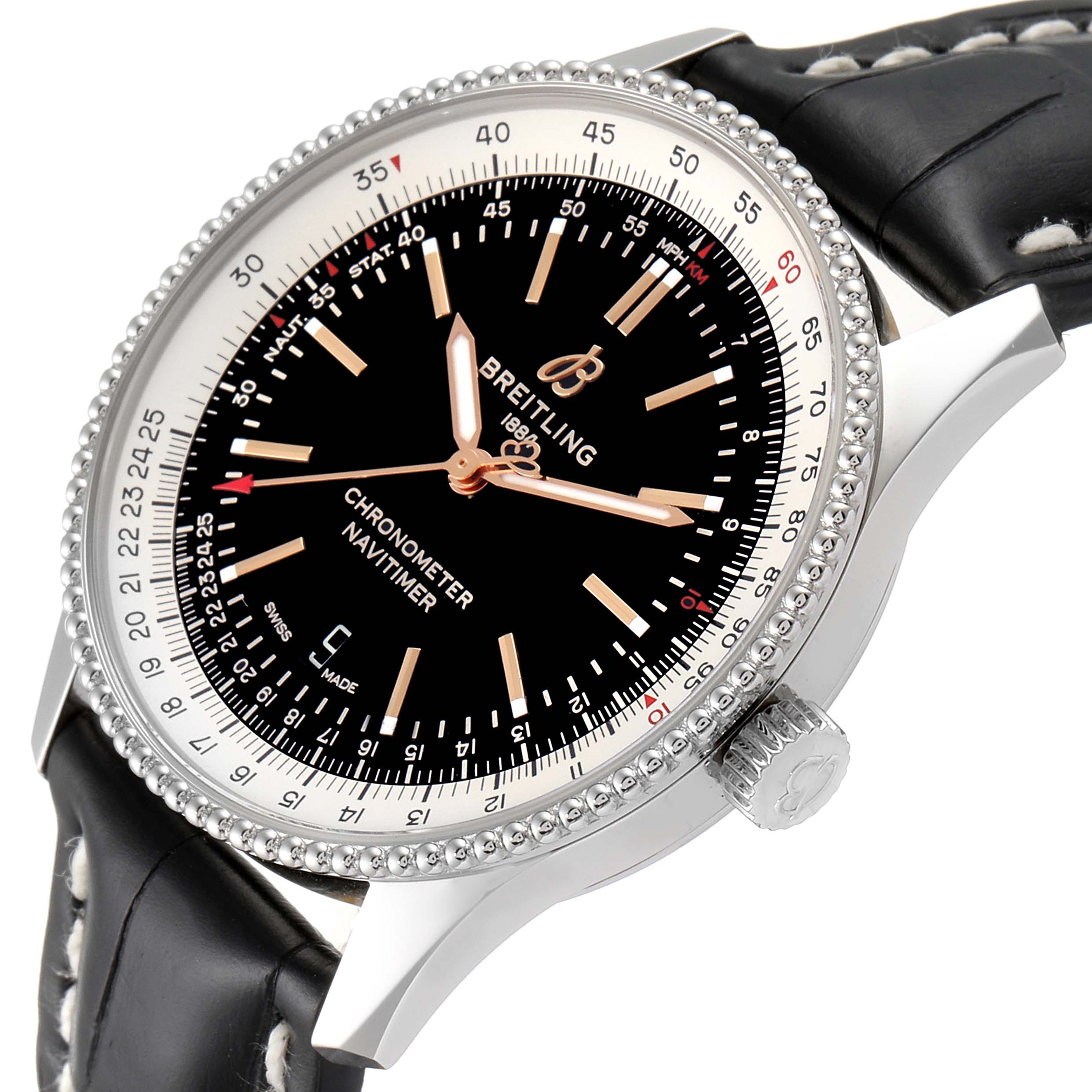 The image shows a Breitling Navitimer A17326 Men's Stainless Steel Black Dial A17326 Men's Stainless Steel Black Dial watch at a slight angle, featuring the face, bezel, crown, and part of the strap.