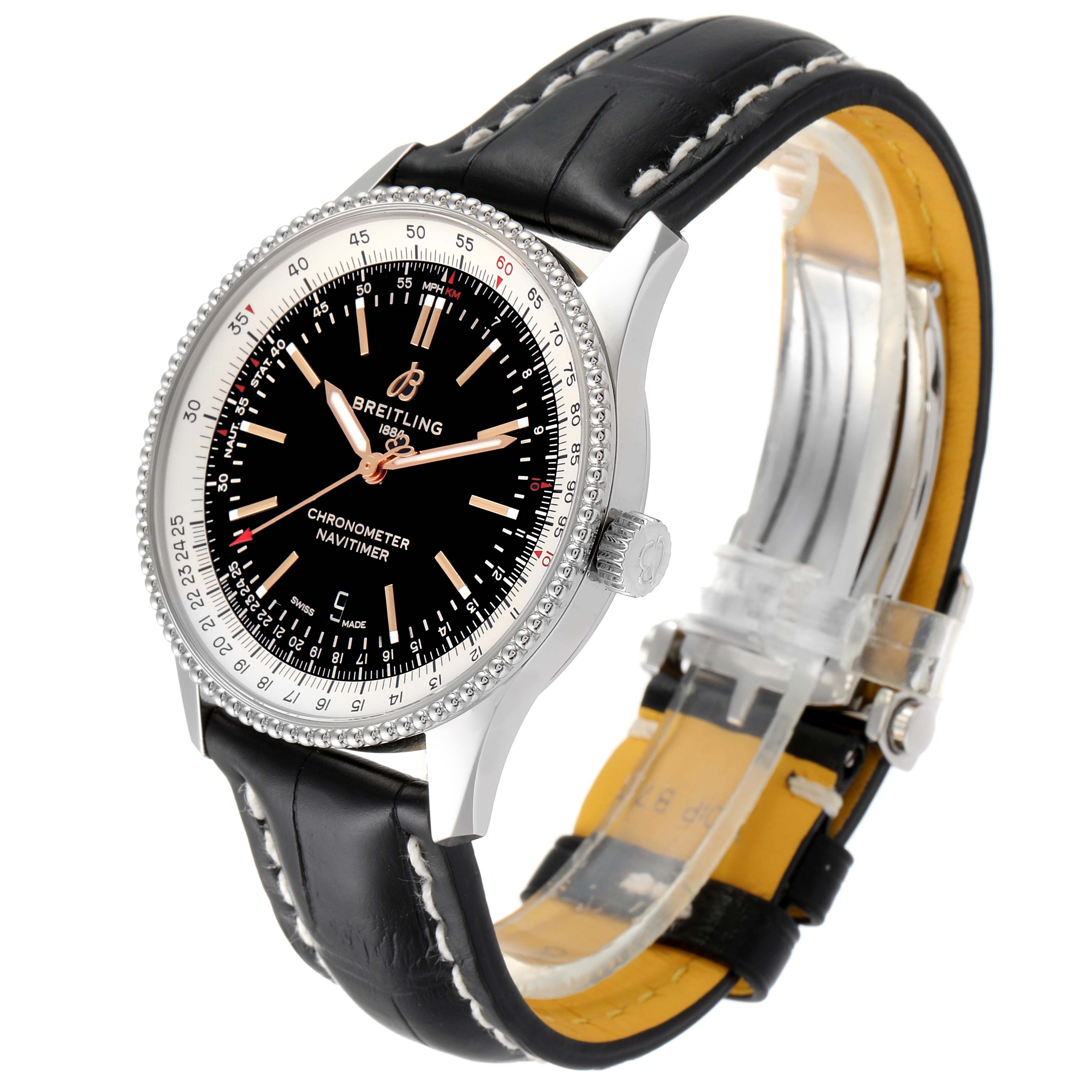 This Breitling Navitimer A17326 Men's Stainless Steel Black Dial A17326 Men's Stainless Steel Black Dial watch is shown at a slight angle, displaying the face, bezel, crown, and leather strap.