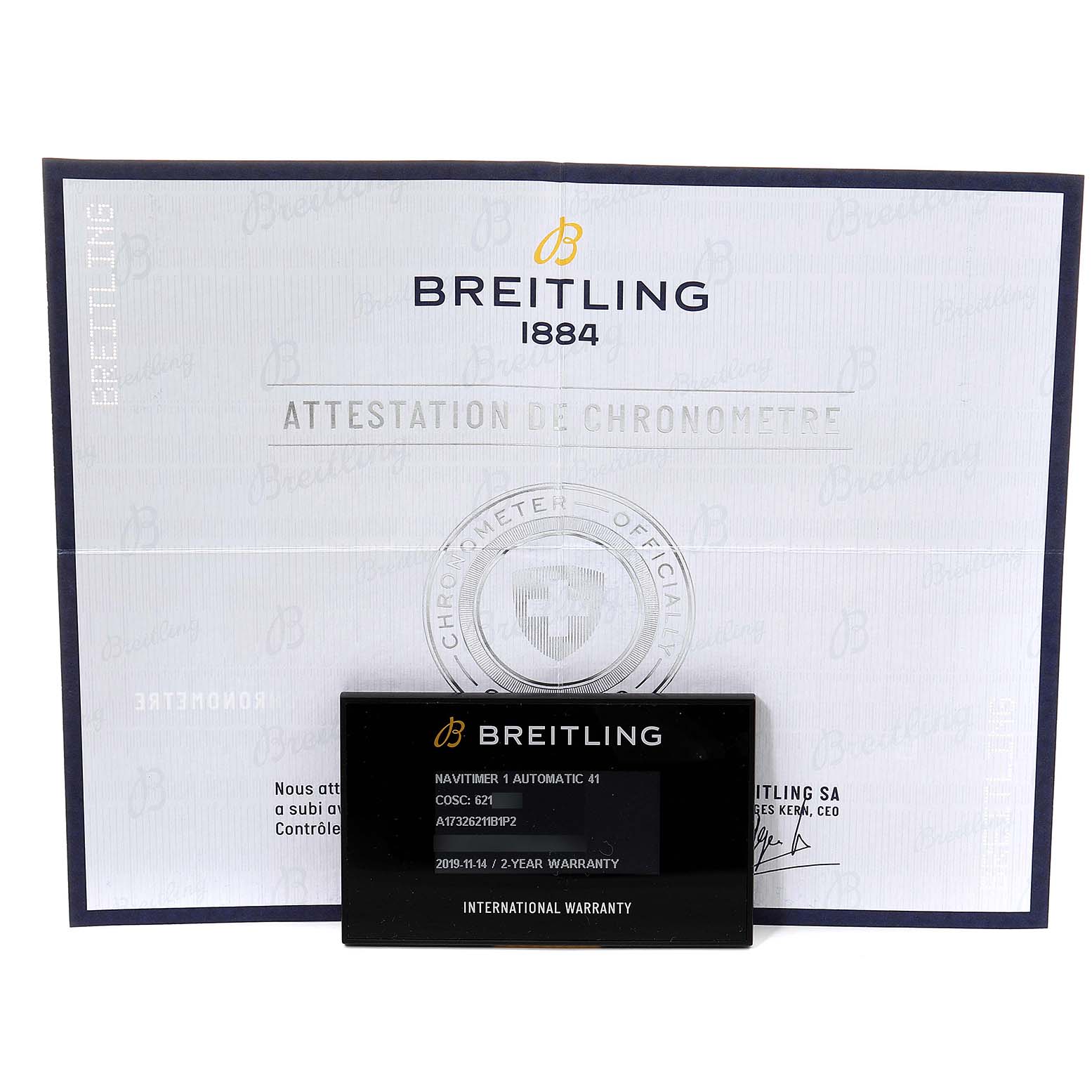 The image shows a Breitling Navitimer A17326 Men's Stainless Steel Black Dial A17326 Men's Stainless Steel Black Dial model's certificate and international warranty card.