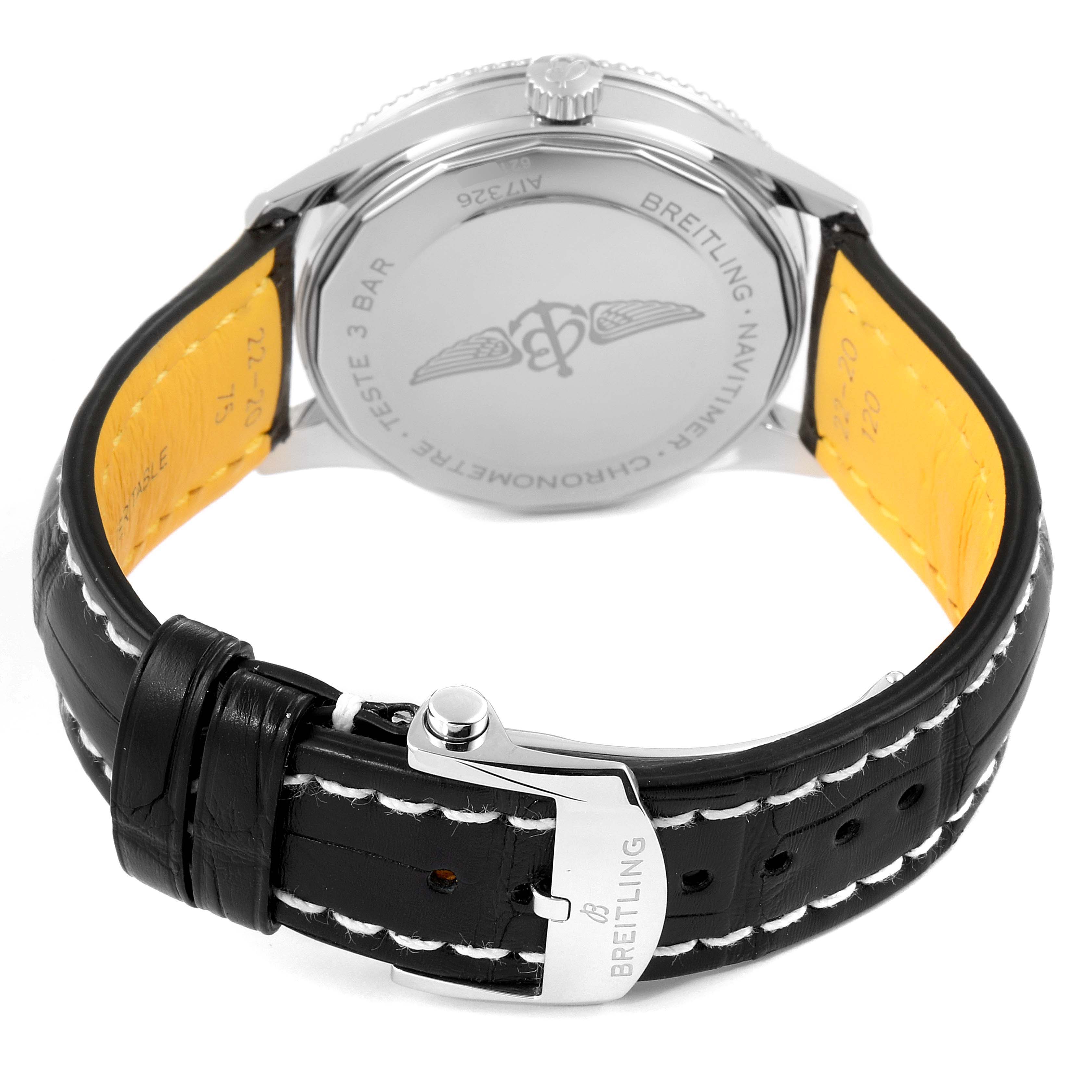 This image shows the back of a Breitling Navitimer A17326 Men's Stainless Steel Black Dial A17326 Men's Stainless Steel Black Dial watch with its case back, crown, and black leather strap with white stitching.
