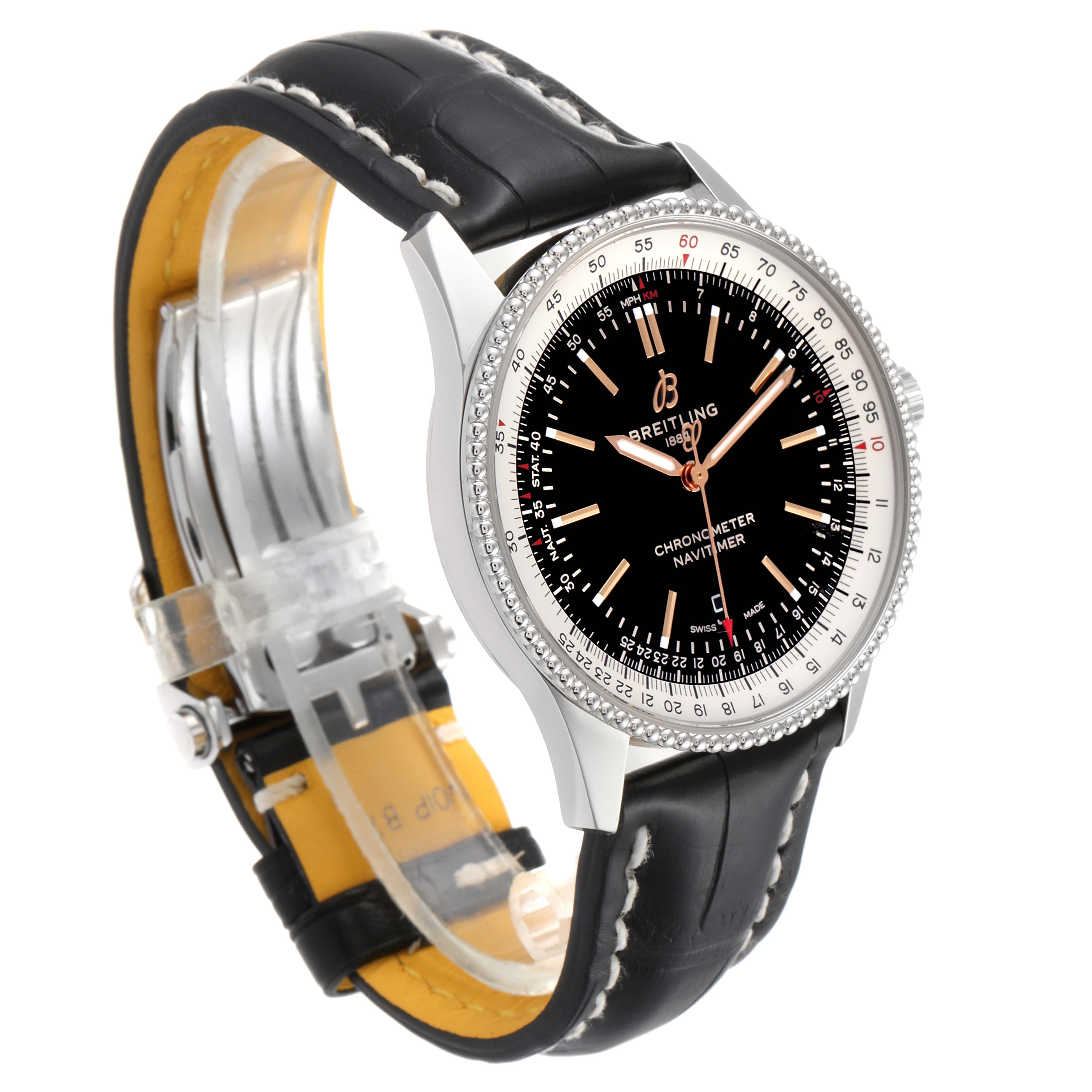 The image shows a Breitling Navitimer A17326 Men's Stainless Steel Black Dial A17326 Men's Stainless Steel Black Dial watch at a three-quarter angle highlighting its black dial, bezel, and leather strap.