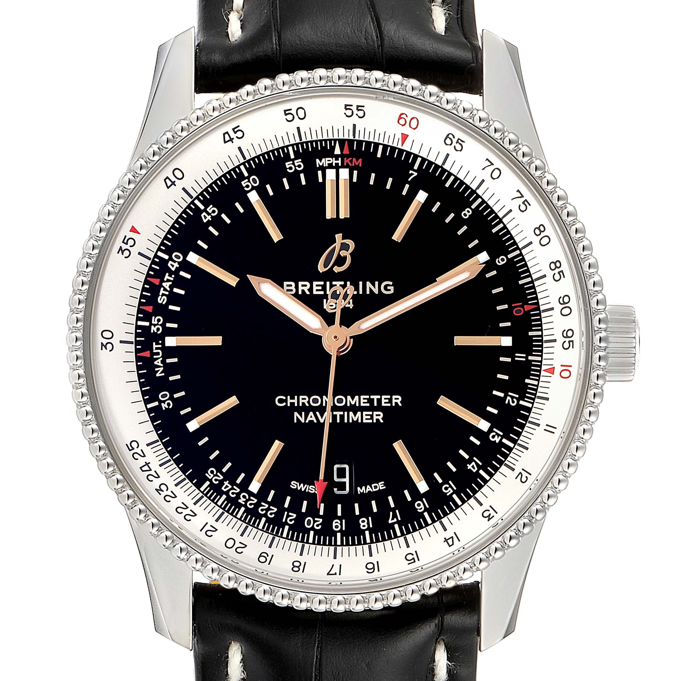 The image shows a front view of the Breitling Navitimer A17326 Men's Stainless Steel Black Dial A17326 Men's Stainless Steel Black Dial watch, highlighting the dial, bezel, and strap.