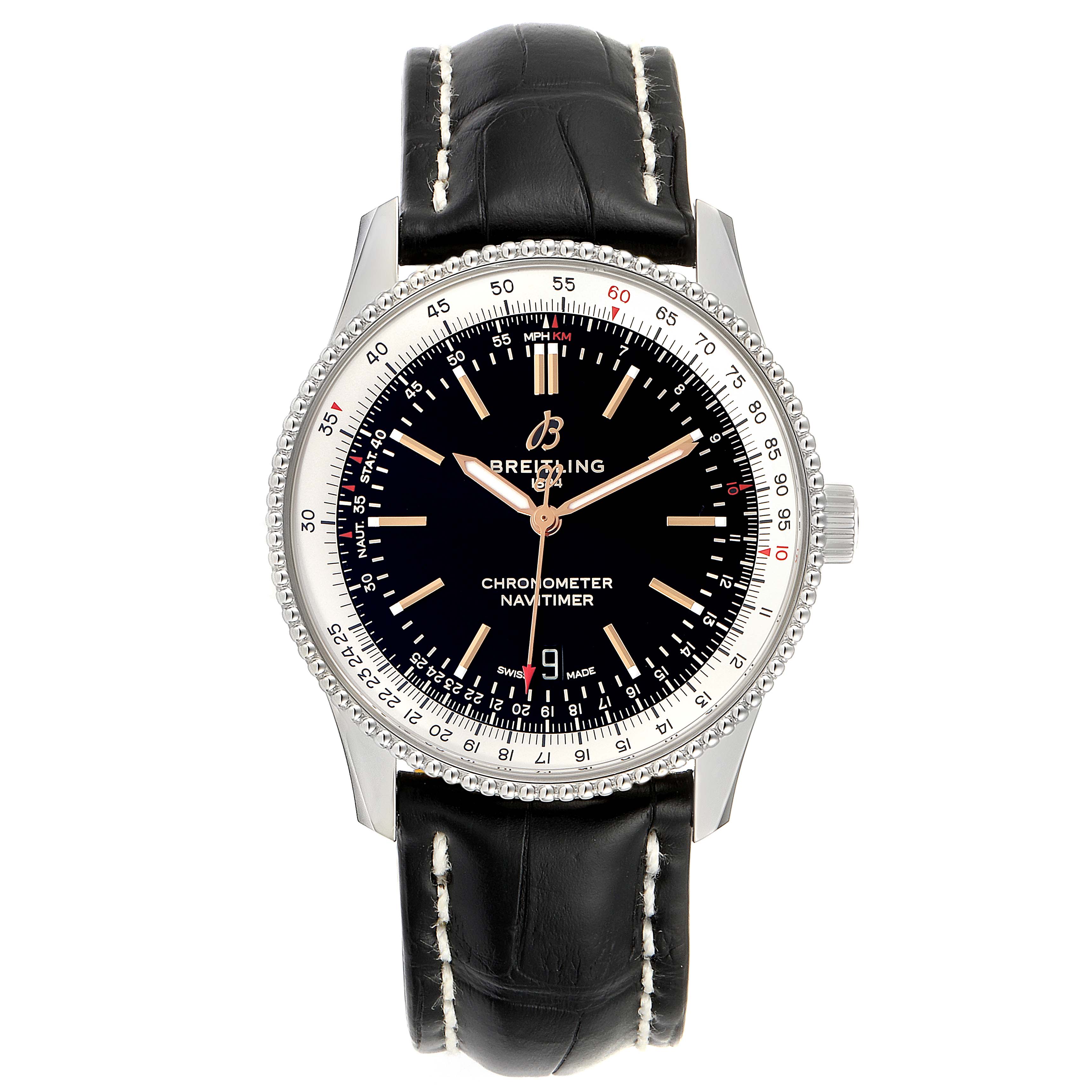This image shows a front view of the Breitling Navitimer A17326 Men's Stainless Steel Black Dial A17326 Men's Stainless Steel Black Dial watch with a black leather strap.