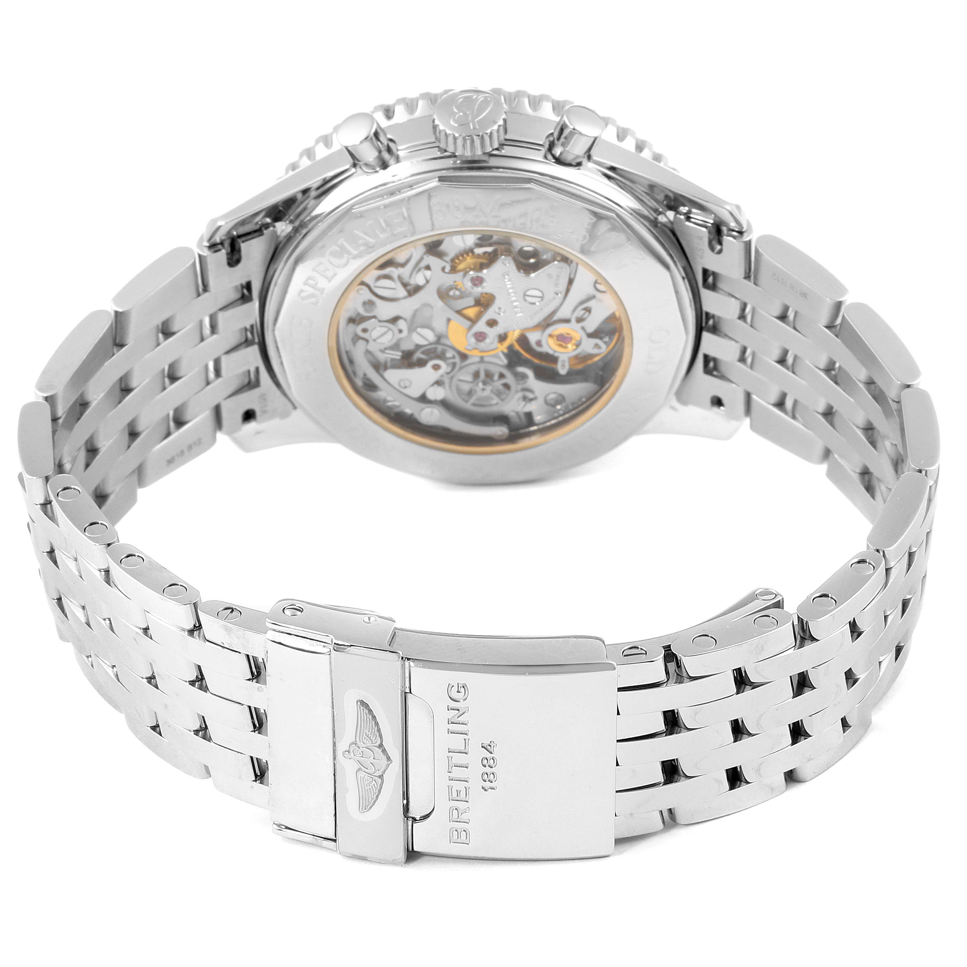 The image shows the back view of a Breitling Navitimer A11022 Men's Stainless Steel Black Dial A11022 Men's Stainless Steel Black Dial watch, highlighting its metal bracelet, clasp, and exposed mechanical movement.