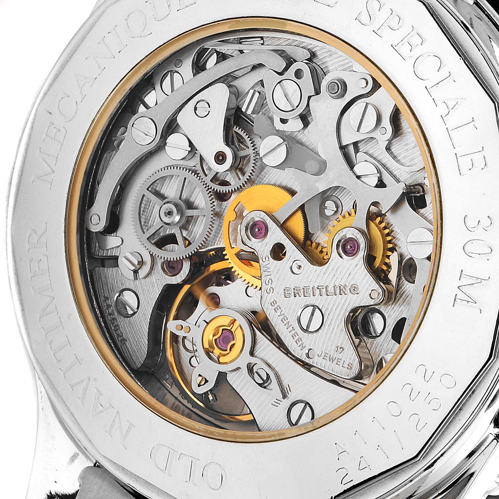 The image shows the back view of the Breitling Navitimer A11022 Men's Stainless Steel Black Dial A11022 Men's Stainless Steel Black Dial watch, revealing its intricate mechanical movement.