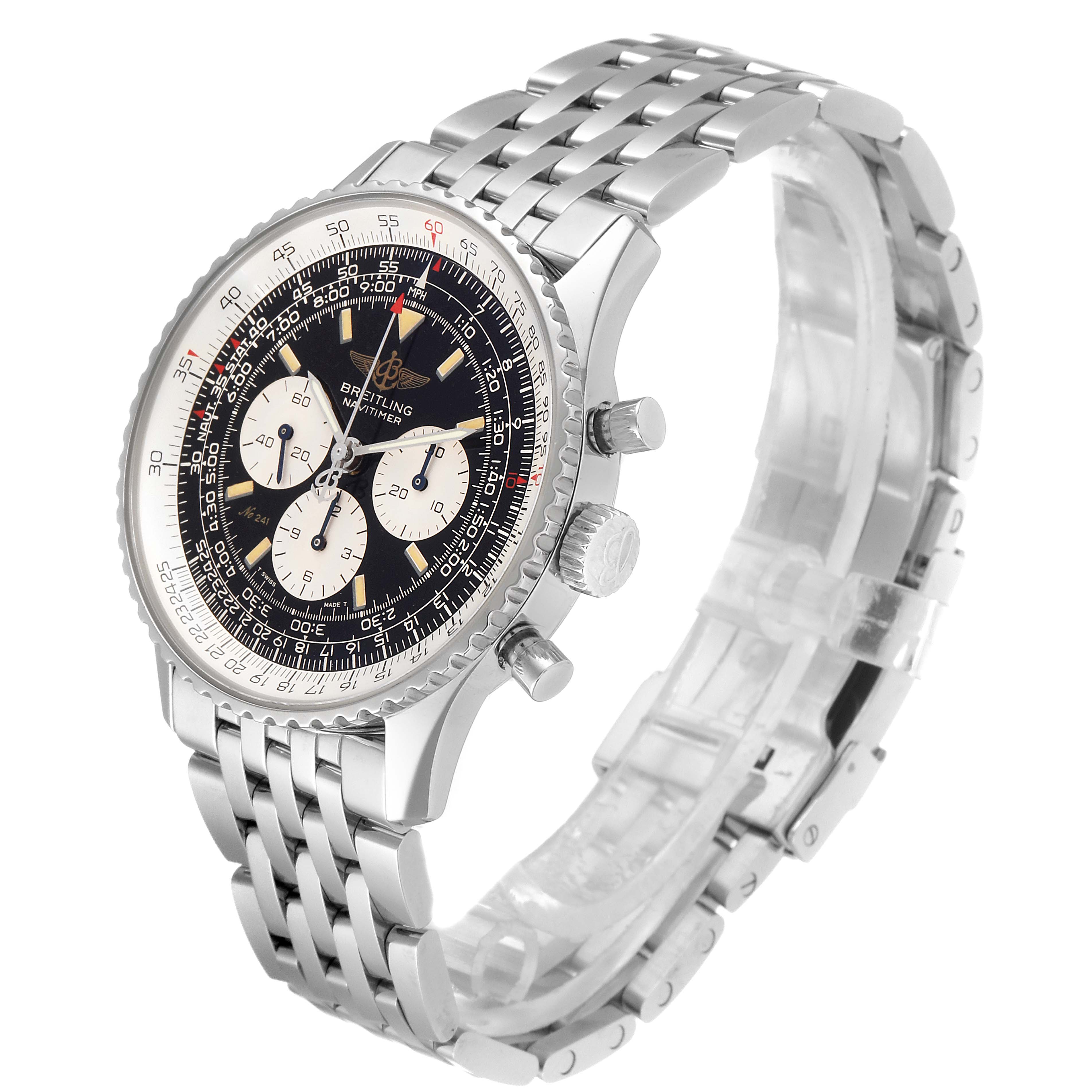 The Breitling Navitimer A11022 Men's Stainless Steel Black Dial A11022 Men's Stainless Steel Black Dial watch is shown at a three-quarter angle, highlighting the bezel, dial, sub-dials, pushers, and metal bracelet.