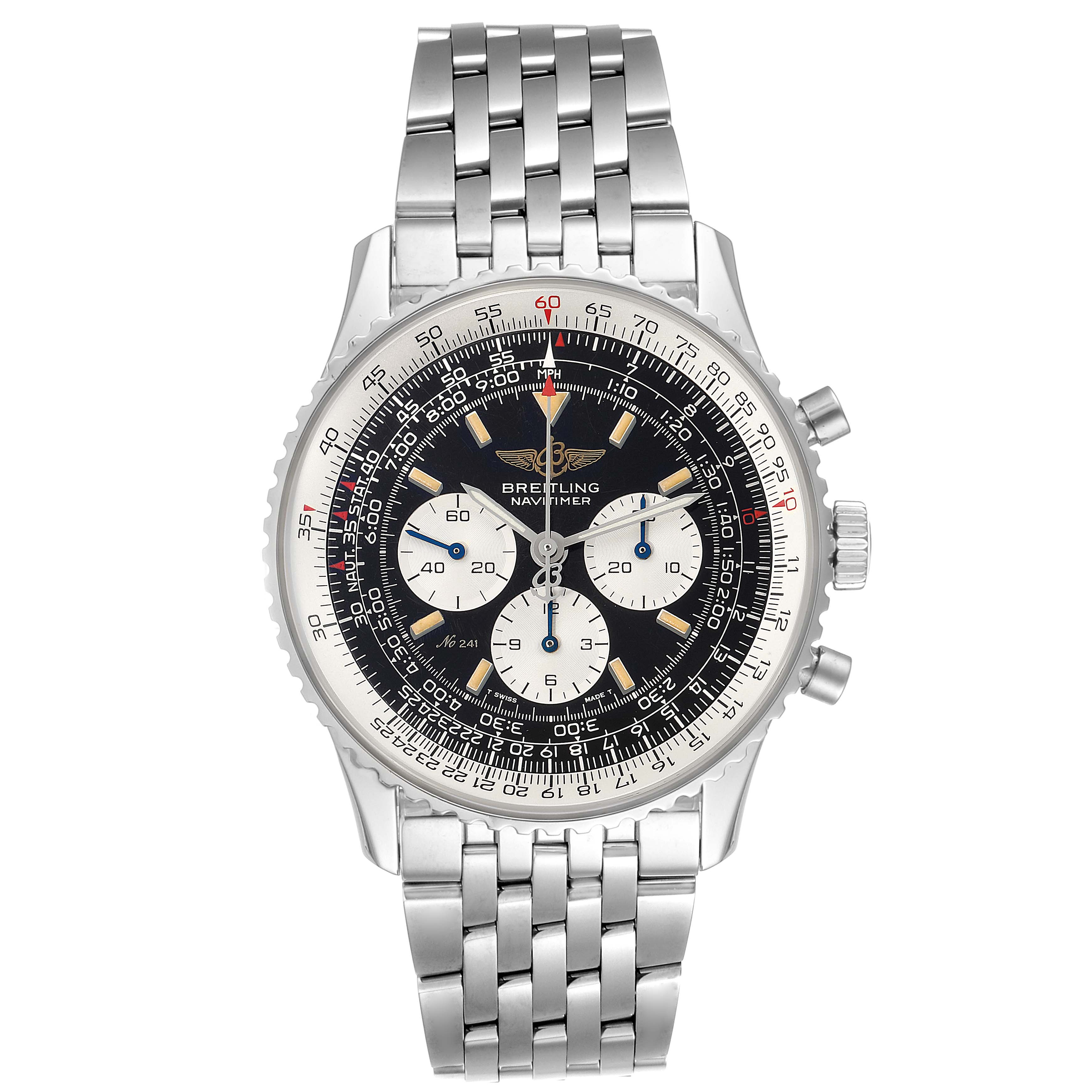 The image shows a front view of a Breitling Navitimer A11022 Men's Stainless Steel Black Dial A11022 Men's Stainless Steel Black Dial watch, displaying its dial, bezel, and metal bracelet.