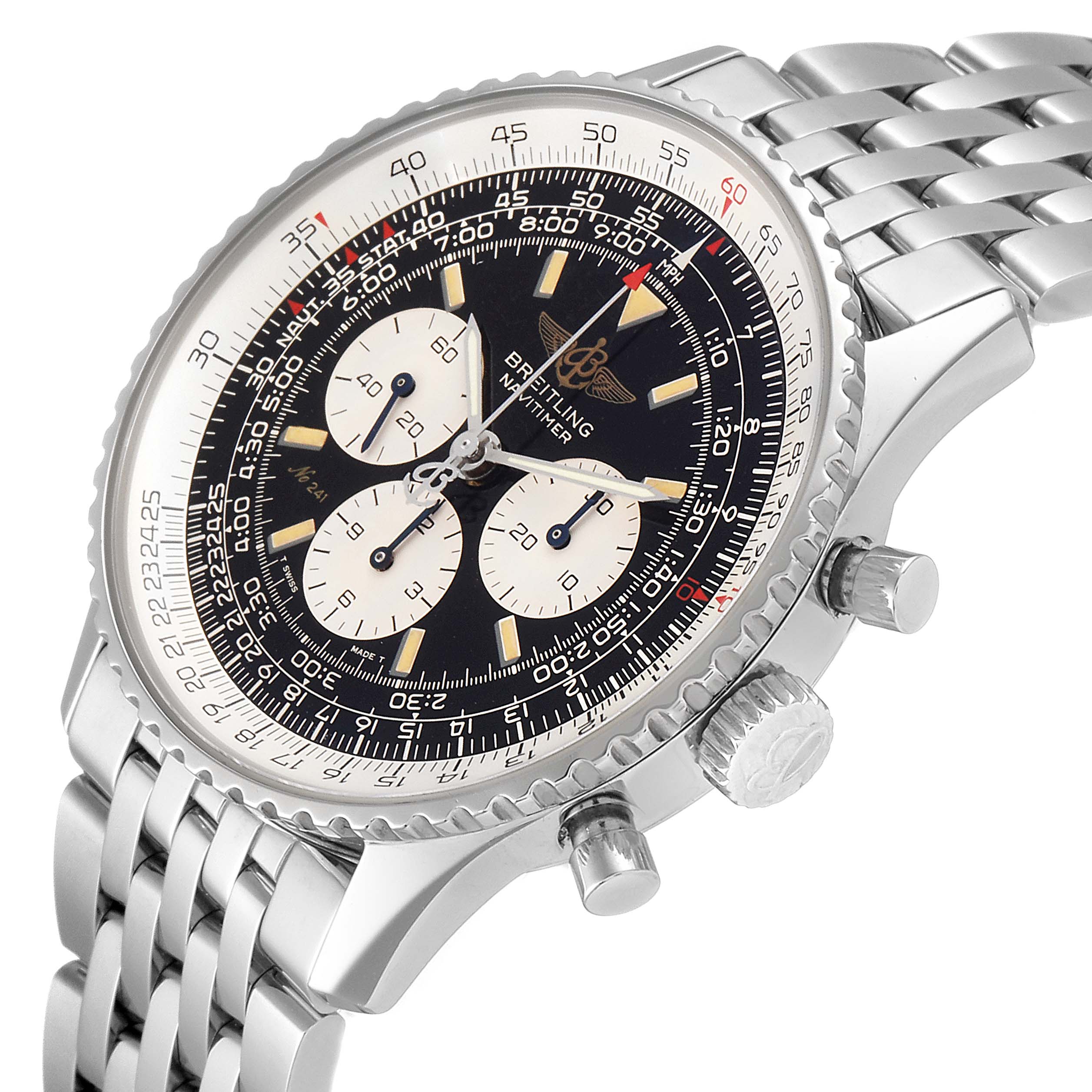 The image shows a Breitling Navitimer A11022 Men's Stainless Steel Black Dial A11022 Men's Stainless Steel Black Dial watch at a three-quarter angle, highlighting its face, bezel, buttons, and part of the bracelet.