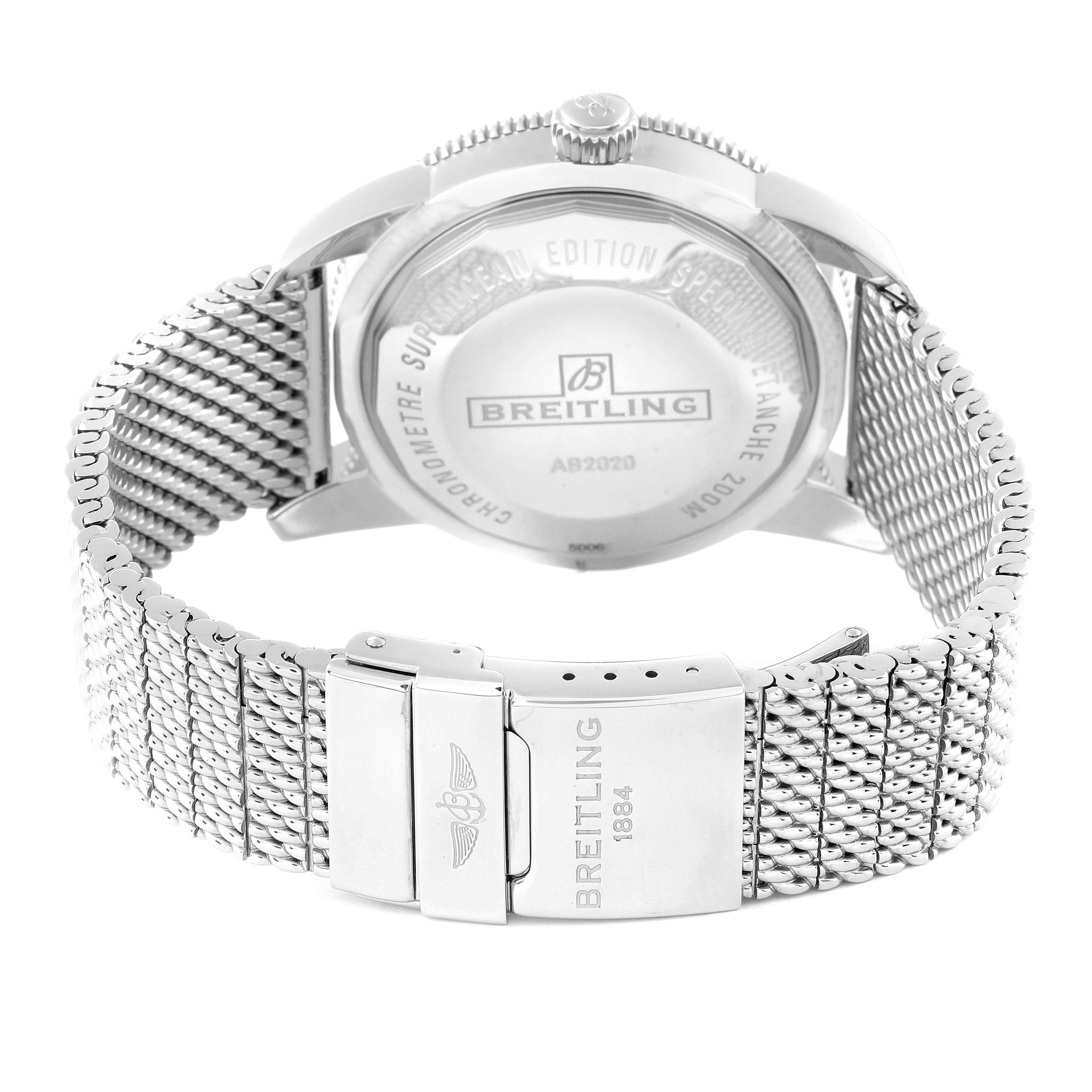 The image shows the back of the Breitling Superocean AB202033/G828 Men's Stainless Steel Silver Dial AB202033/G828 Men's Stainless Steel Silver Dial watch, highlighting the case back and metal mesh bracelet with a clasp.