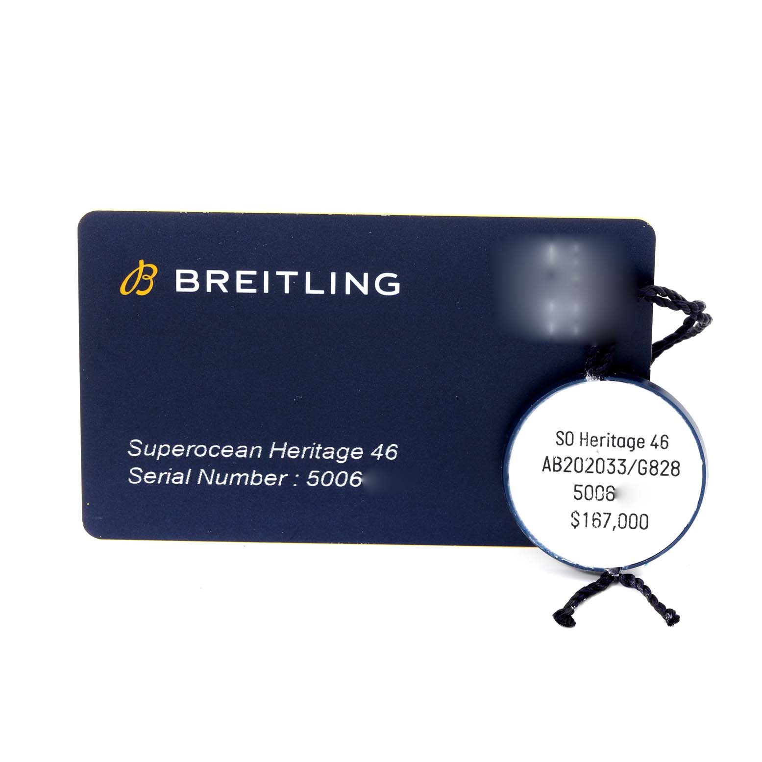 This image shows a tag with the brand name Breitling and model Superocean Heritage 46, including the serial number and price.