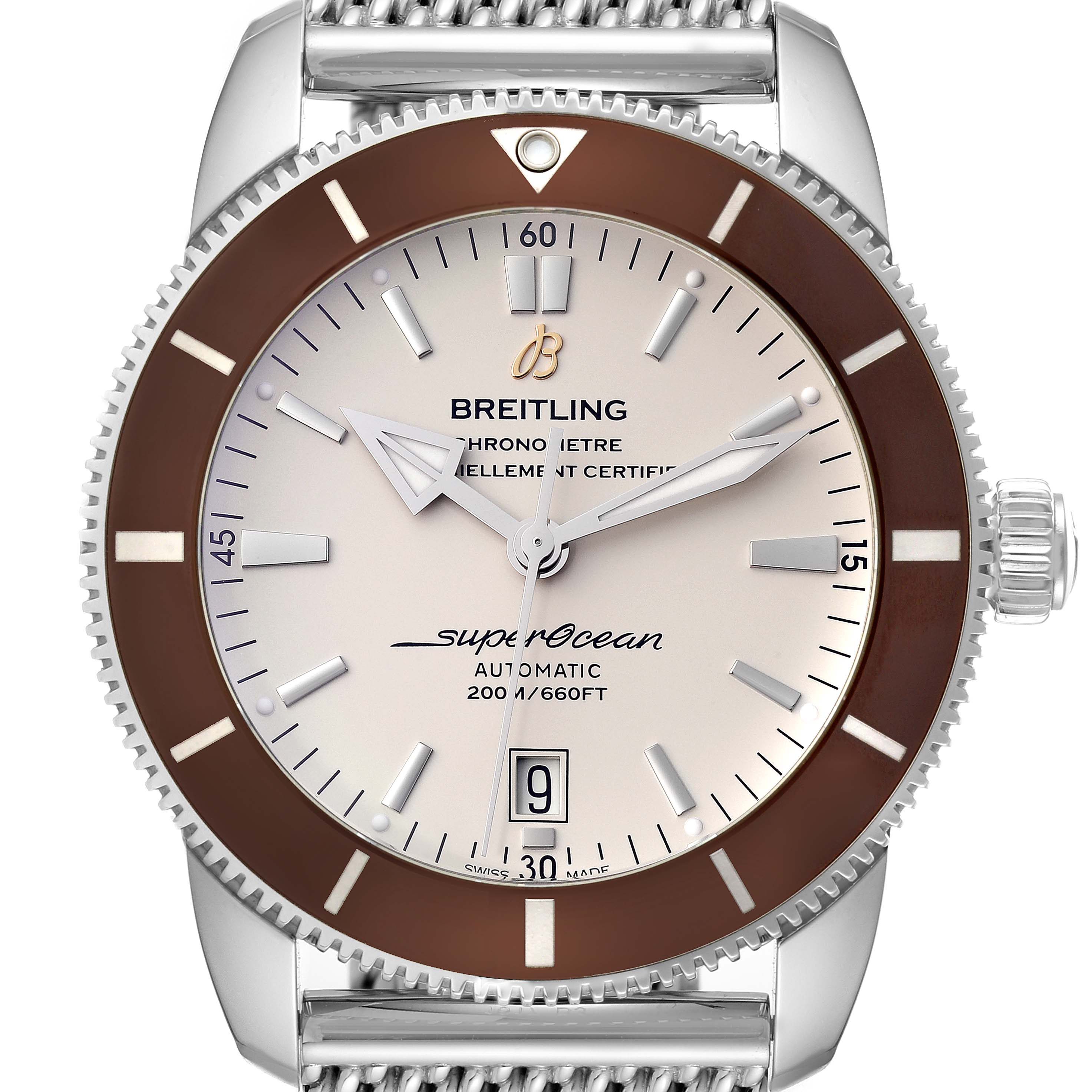 This image shows a close-up front view of the dial and bezel of a Breitling Superocean AB202033/G828 Men's Stainless Steel Silver Dial AB202033/G828 Men's Stainless Steel Silver Dial watch.