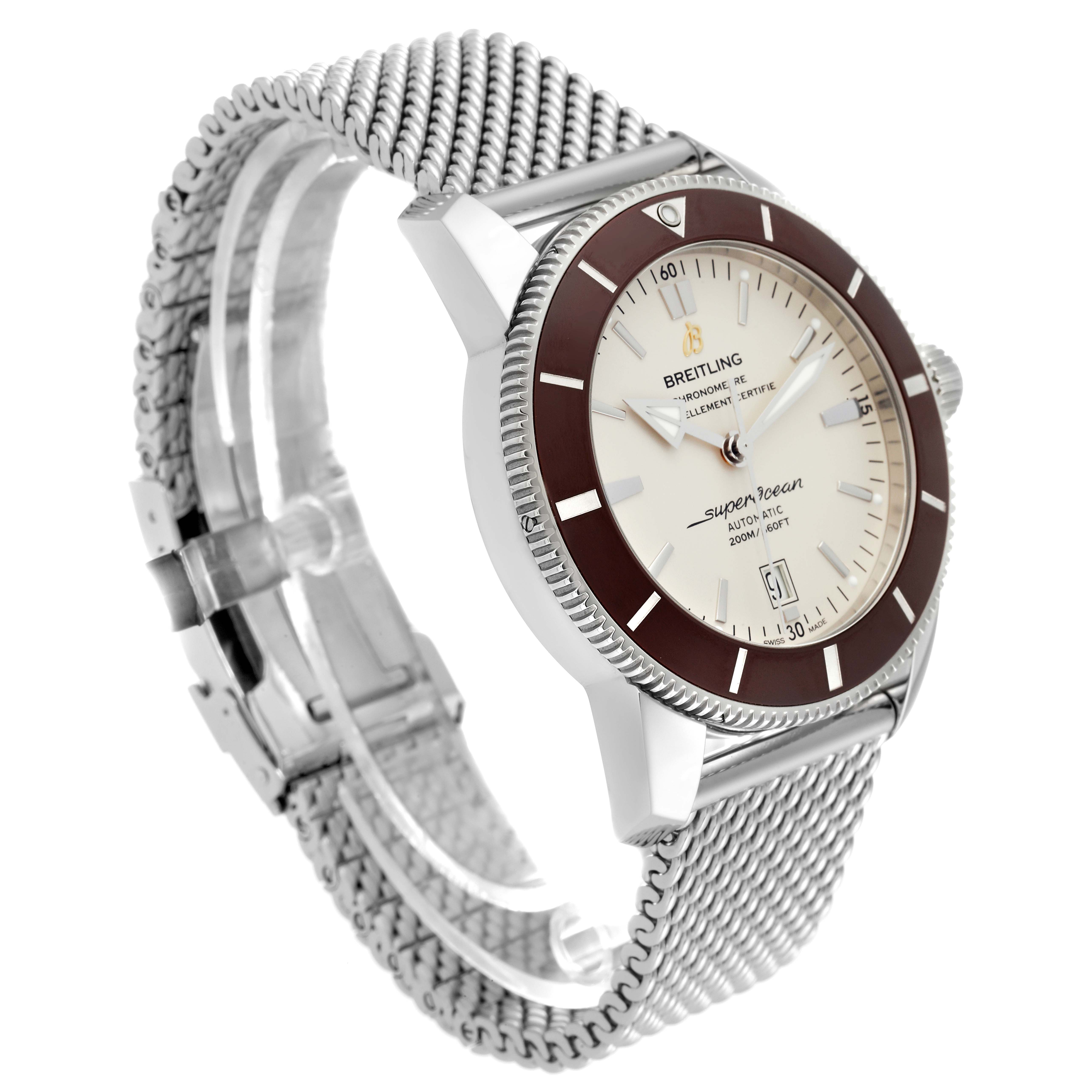 The image shows a Breitling Superocean AB202033/G828 Men's Stainless Steel Silver Dial AB202033/G828 Men's Stainless Steel Silver Dial watch at an angled side view, highlighting its dial, bezel, and mesh bracelet.