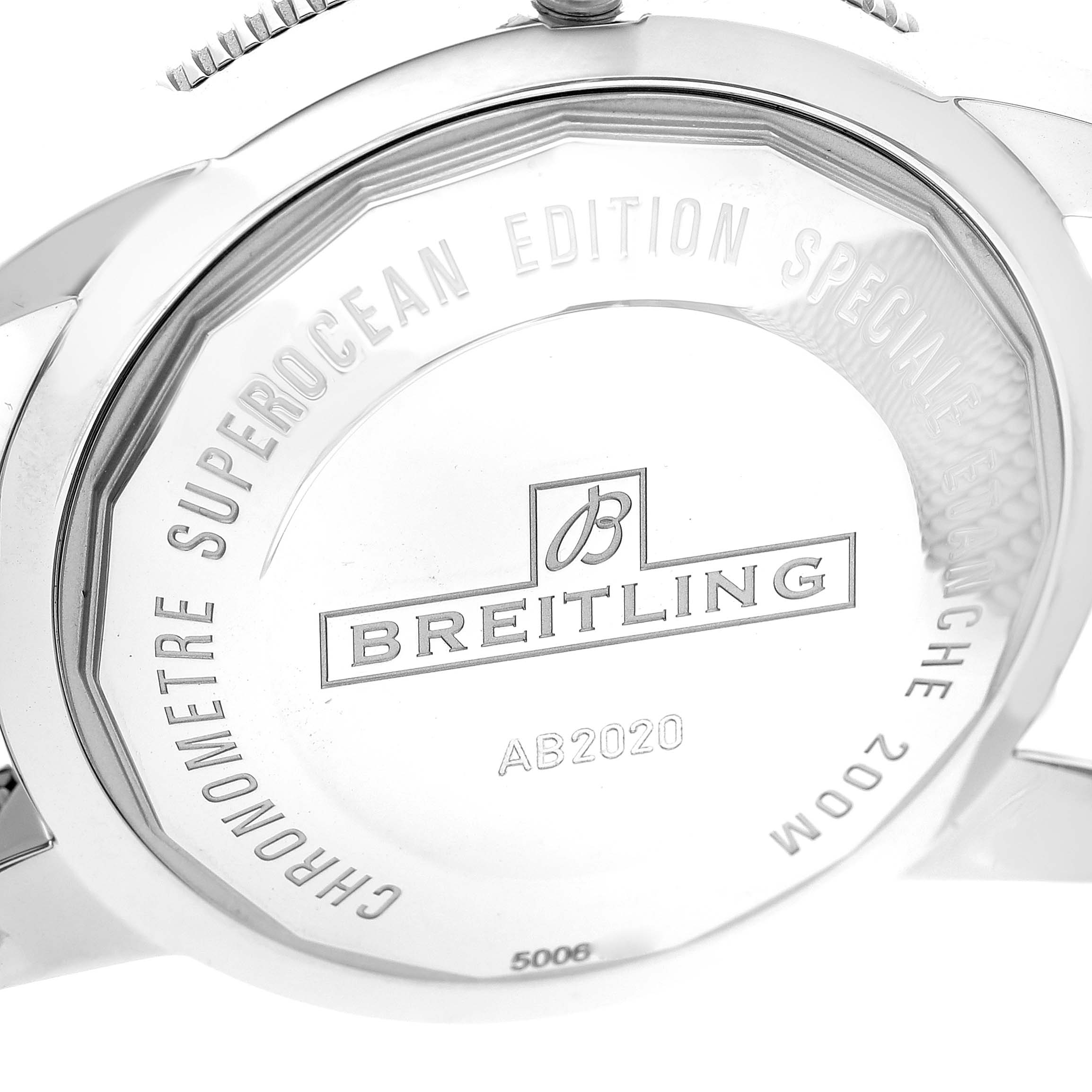 The image shows the backside of a Breitling Superocean AB202033/G828 Men's Stainless Steel Silver Dial AB202033/G828 Men's Stainless Steel Silver Dial watch, highlighting the engraved brand, model, and water resistance details.